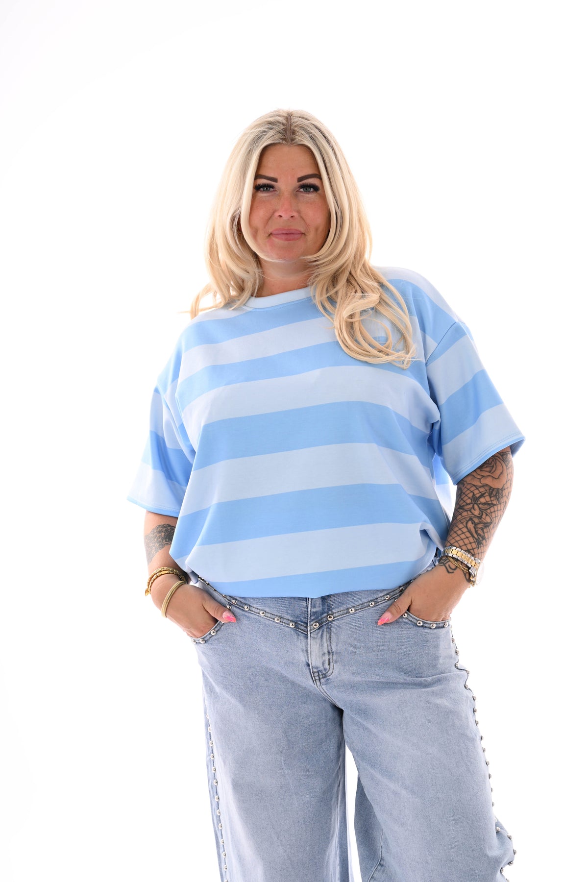 Sweater korte mouwen brede strepen lichtblauw/blauw