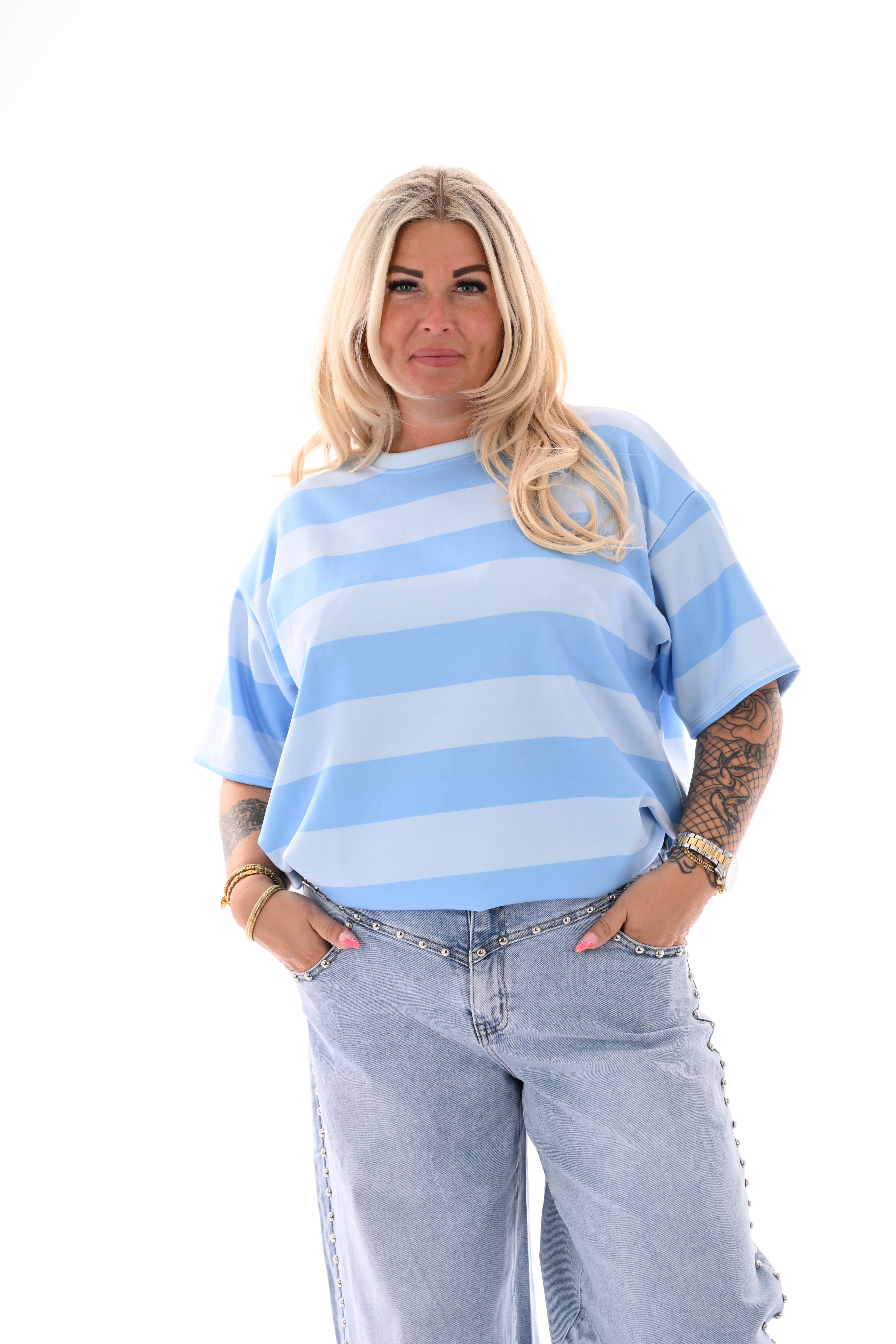 Sweater korte mouwen brede strepen lichtblauw/blauw