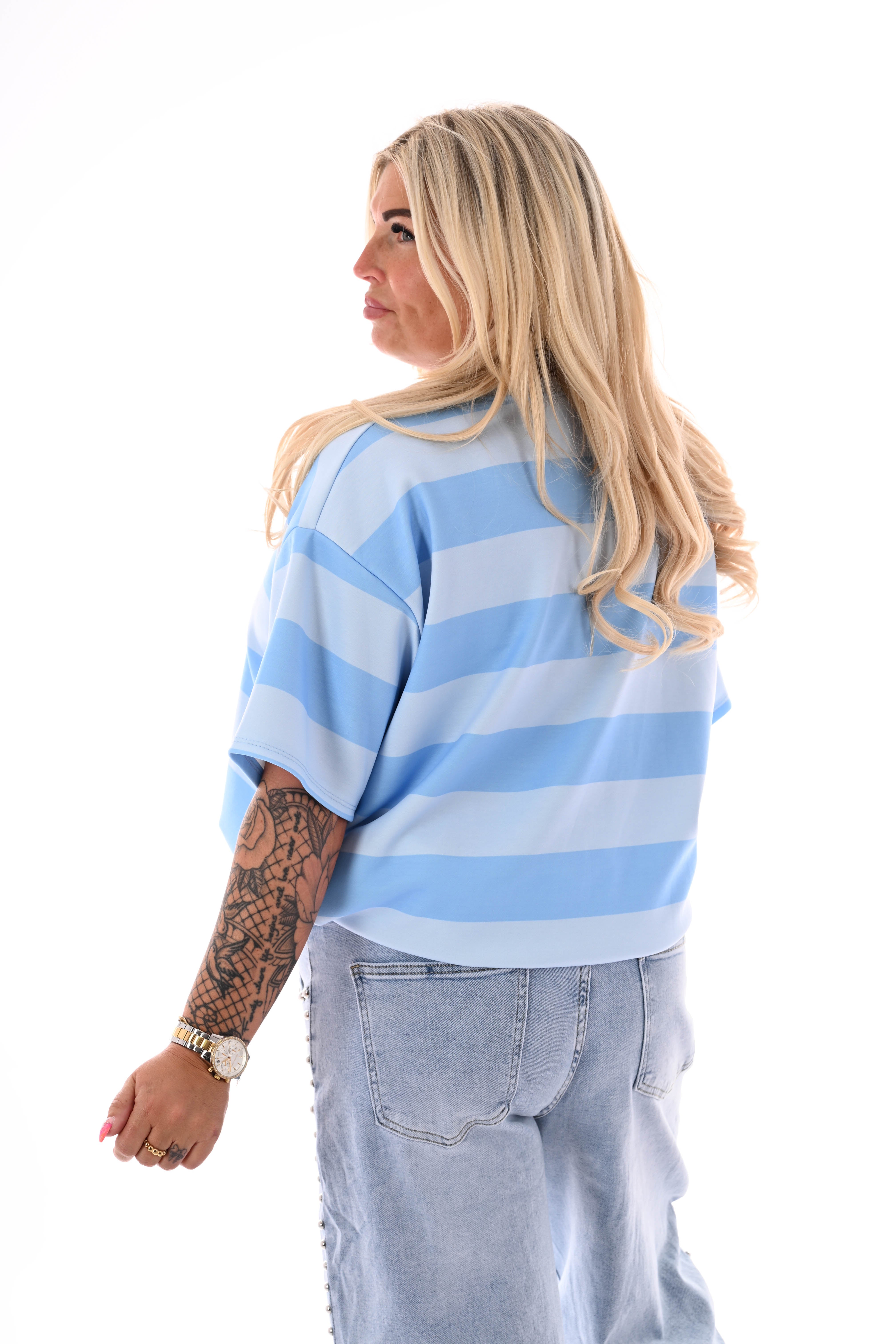Sweater korte mouwen brede strepen lichtblauw/blauw