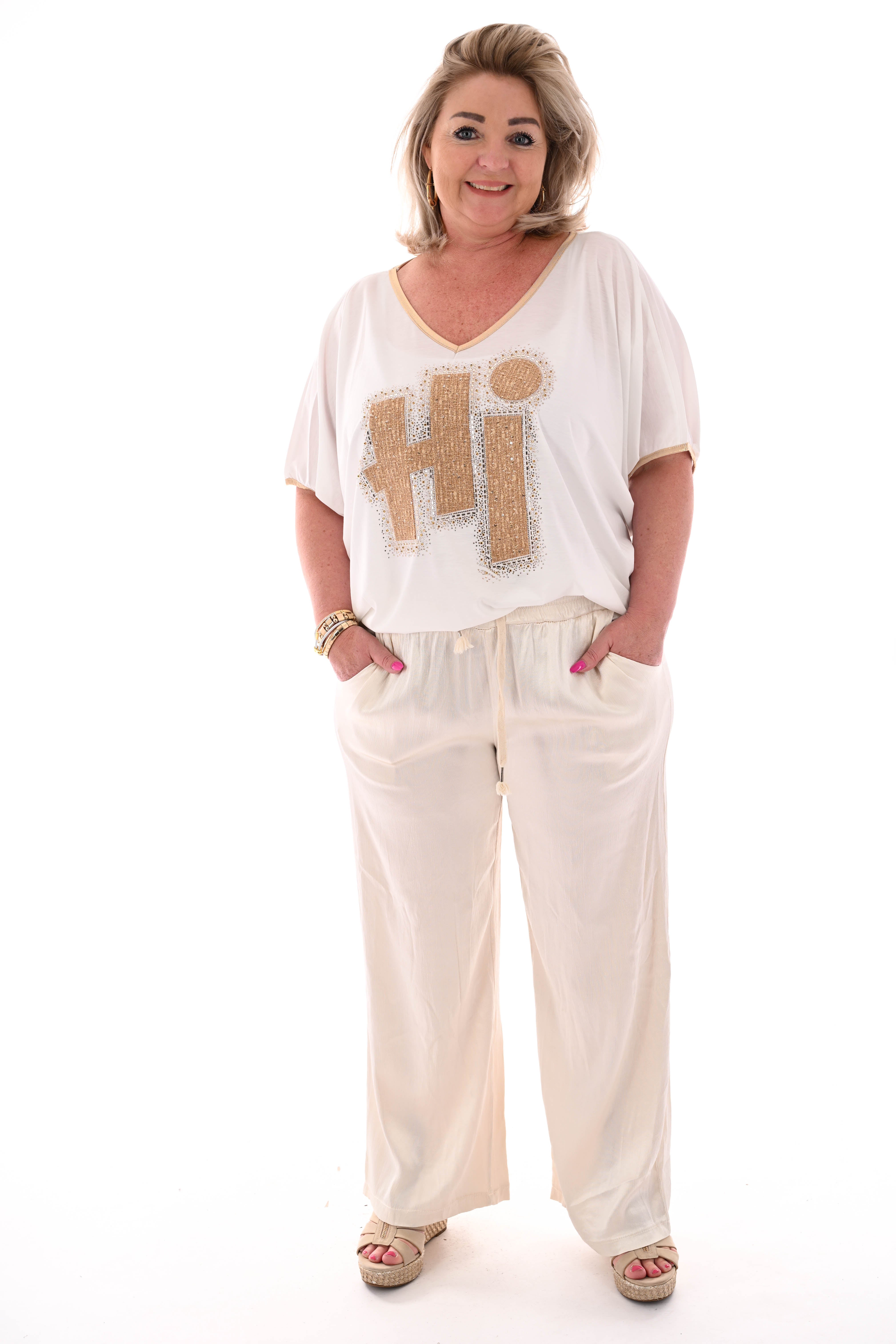 Silky wijde broek met aantrekkoord creme