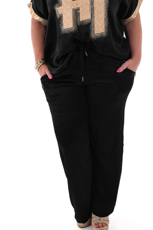 Silky wijde broek met aantrekkoord  zwart