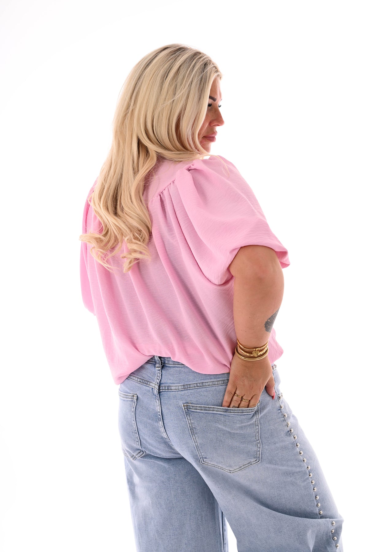 Doorknoop blouse korte pofmouwen uni lichtroze
