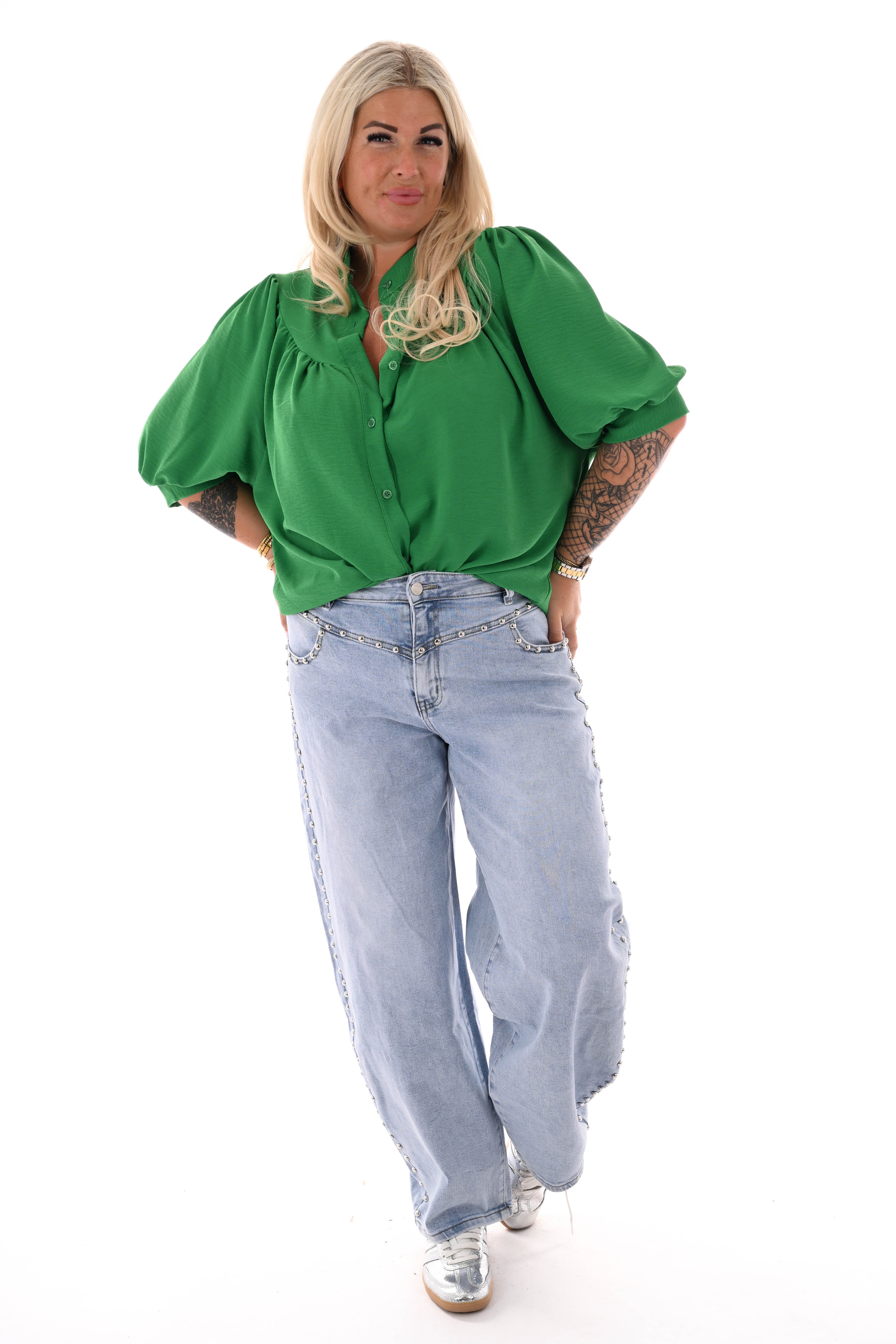 Doorknoop blouse korte pofmouwen uni appelgroen
