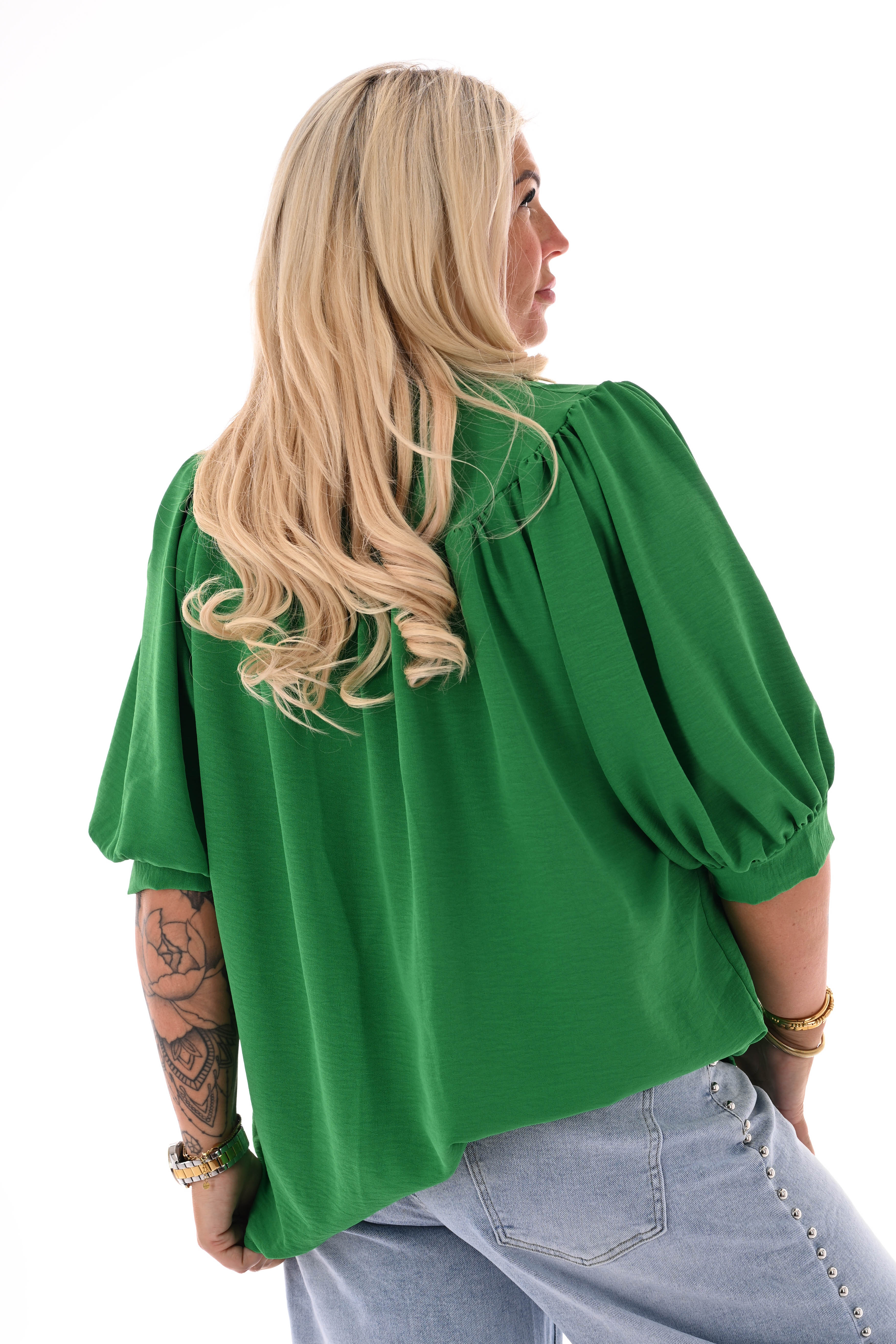 Doorknoop blouse korte pofmouwen uni appelgroen