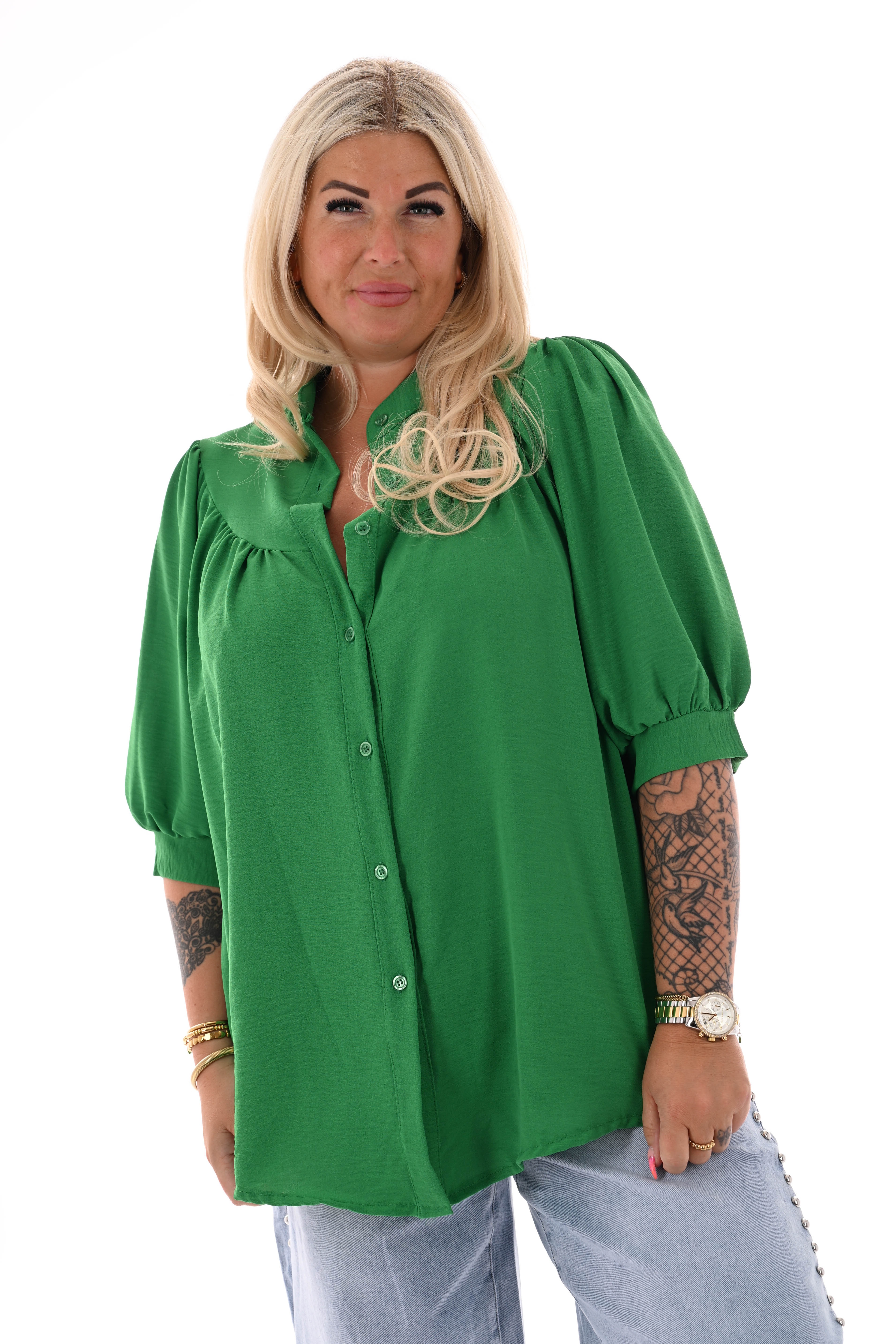 Doorknoop blouse korte pofmouwen uni appelgroen