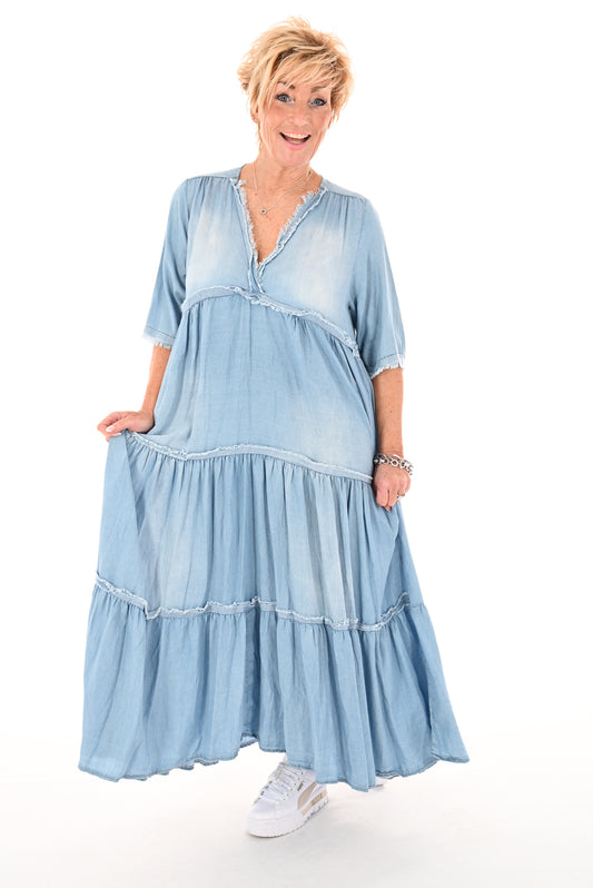 Denim jurk v-hals met stroken lichte wassing blauw