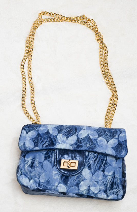 Tas velvet bloem blauw