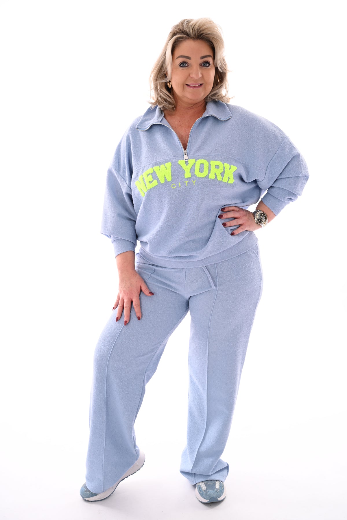 Tweedelig pak New York met rits lichtblauw