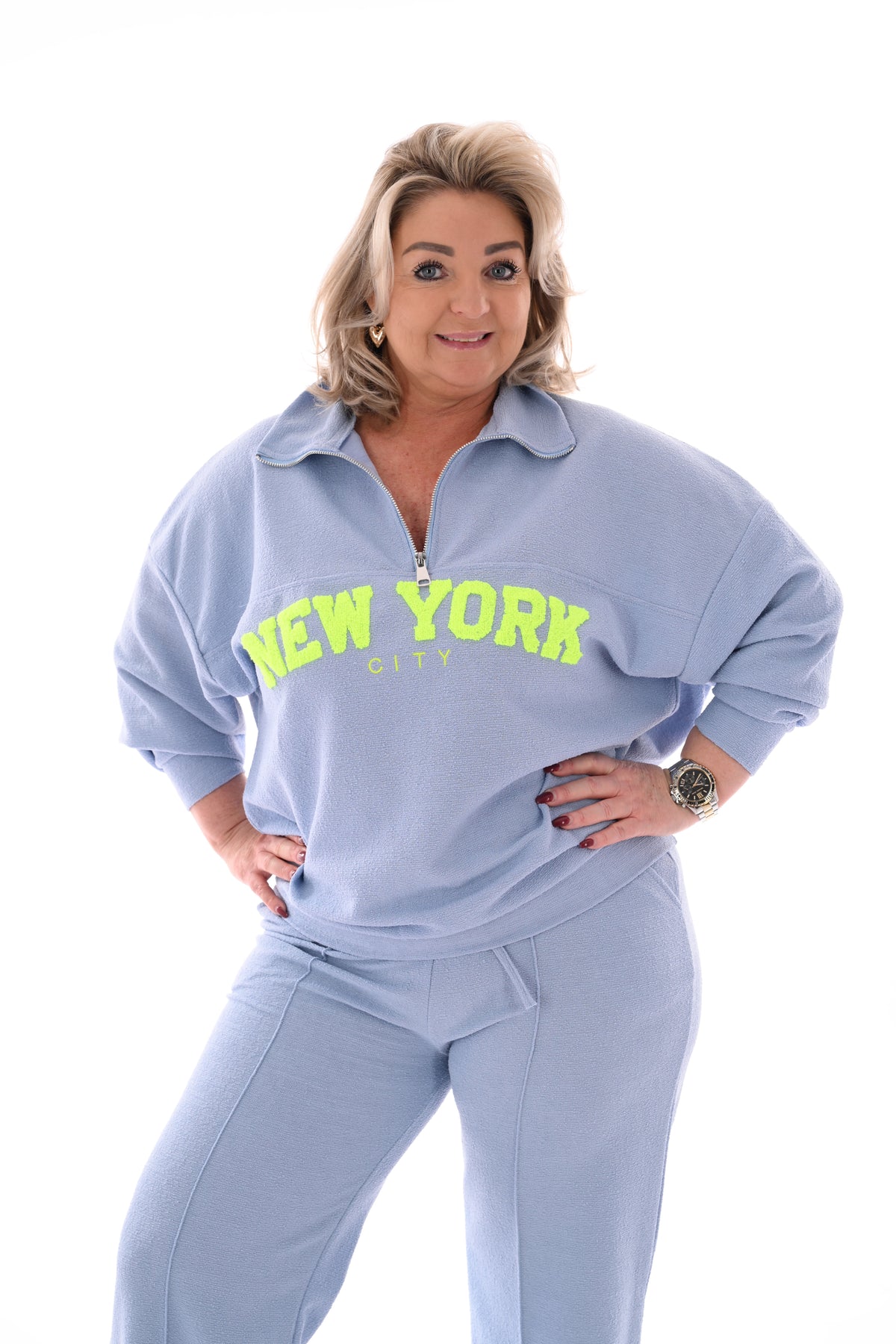 Tweedelig pak New York met rits lichtblauw