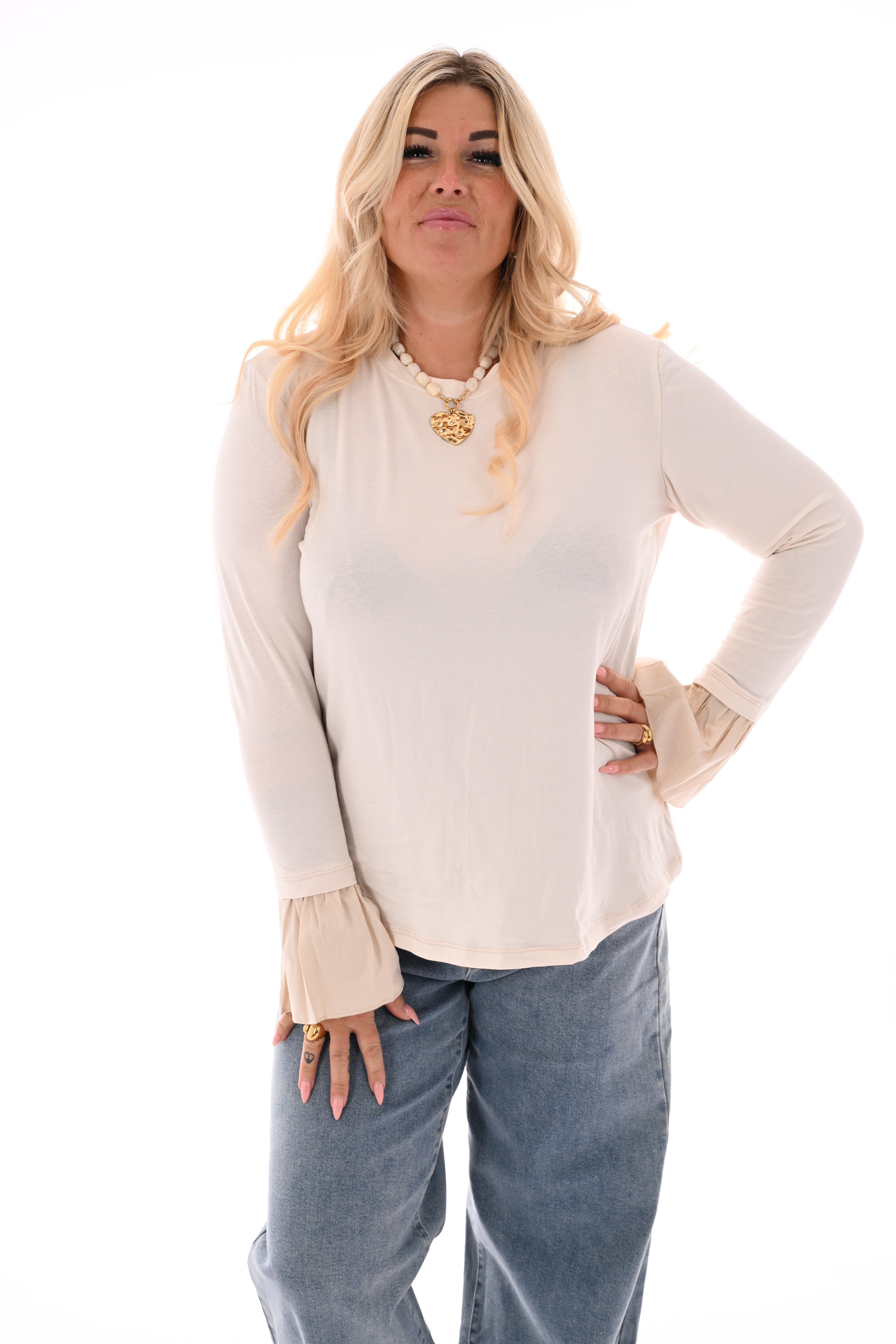 Top lange trompetmouwen beige