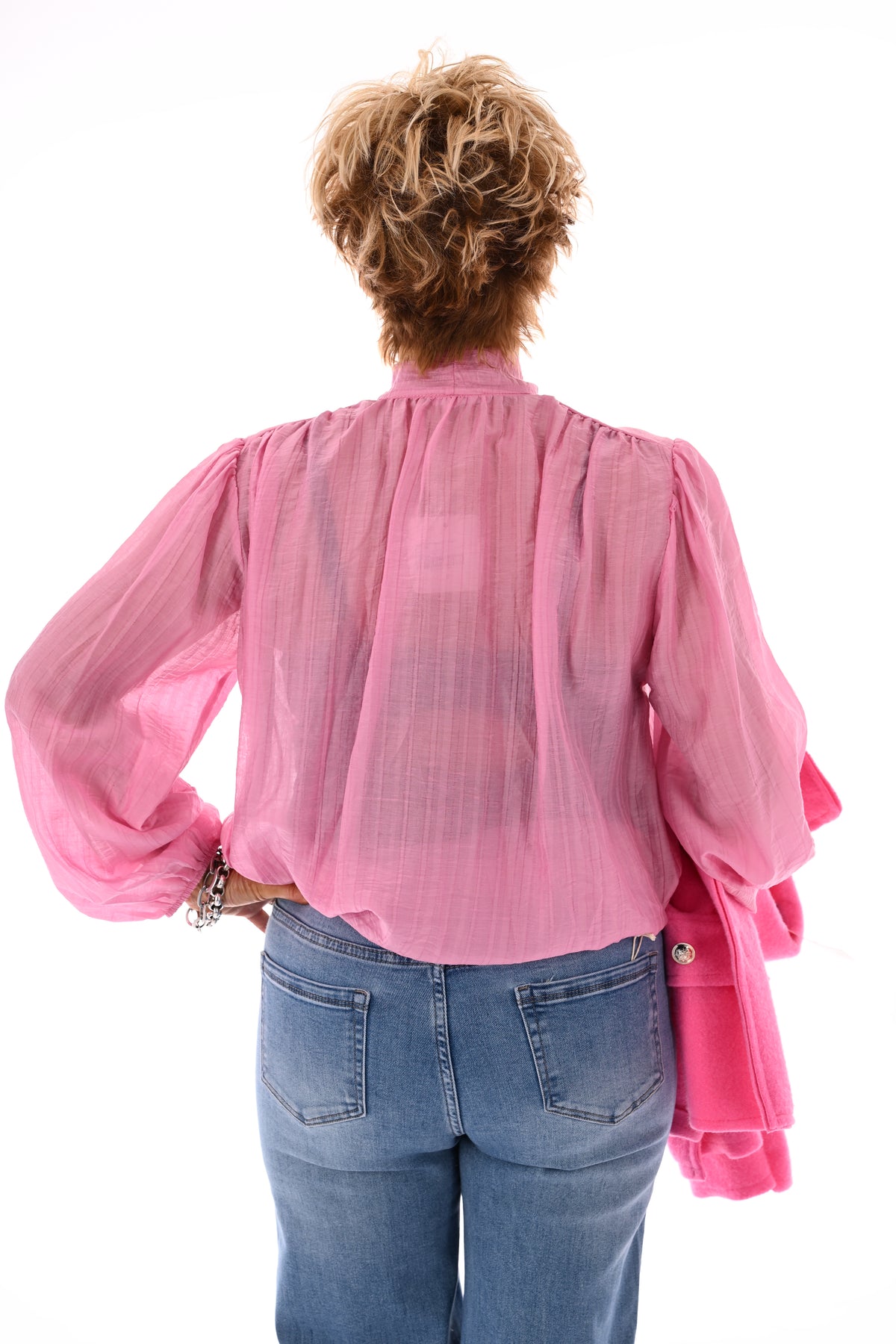 Blouse pofmouwen met strik roze