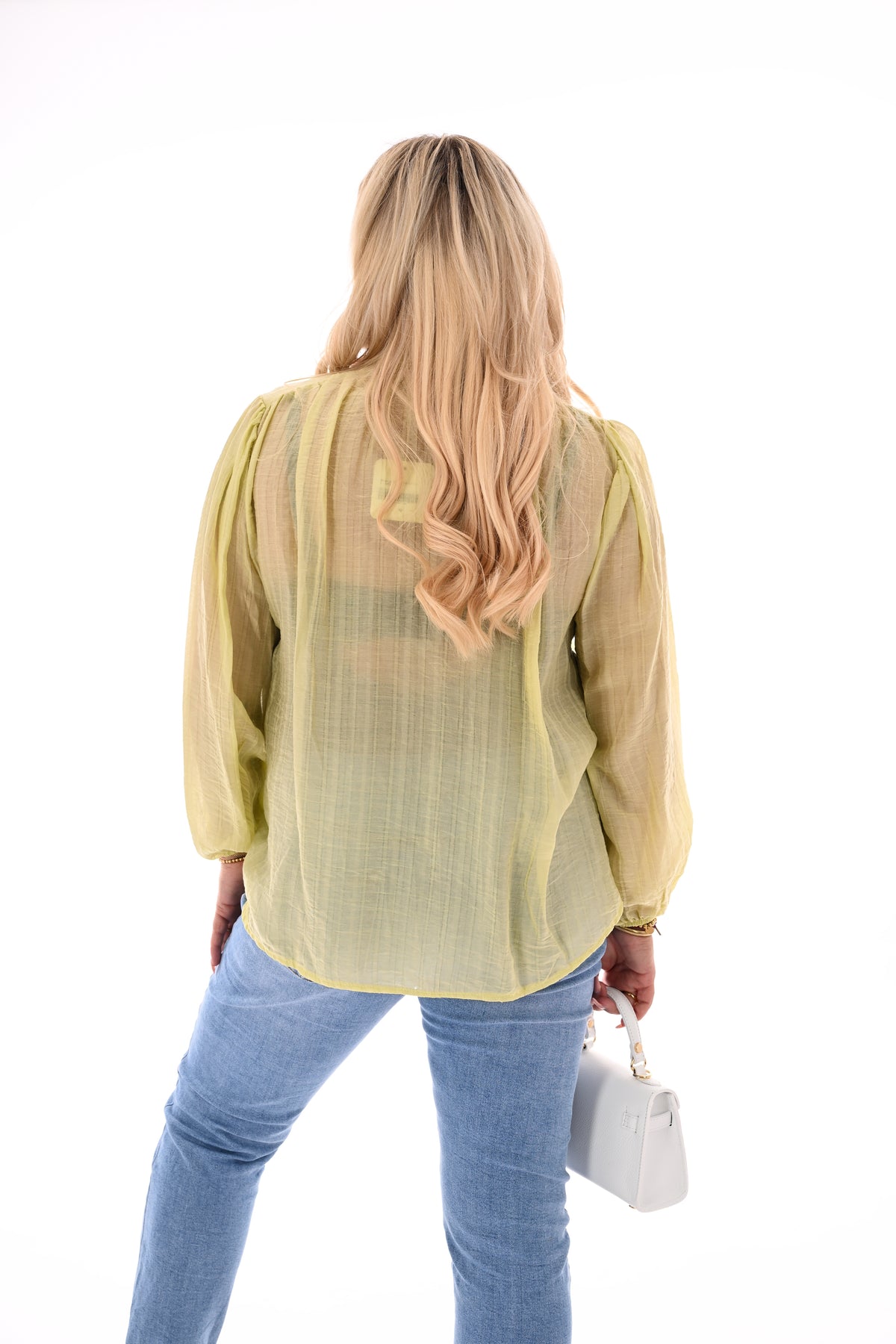 Blouse pofmouwen met strik geel