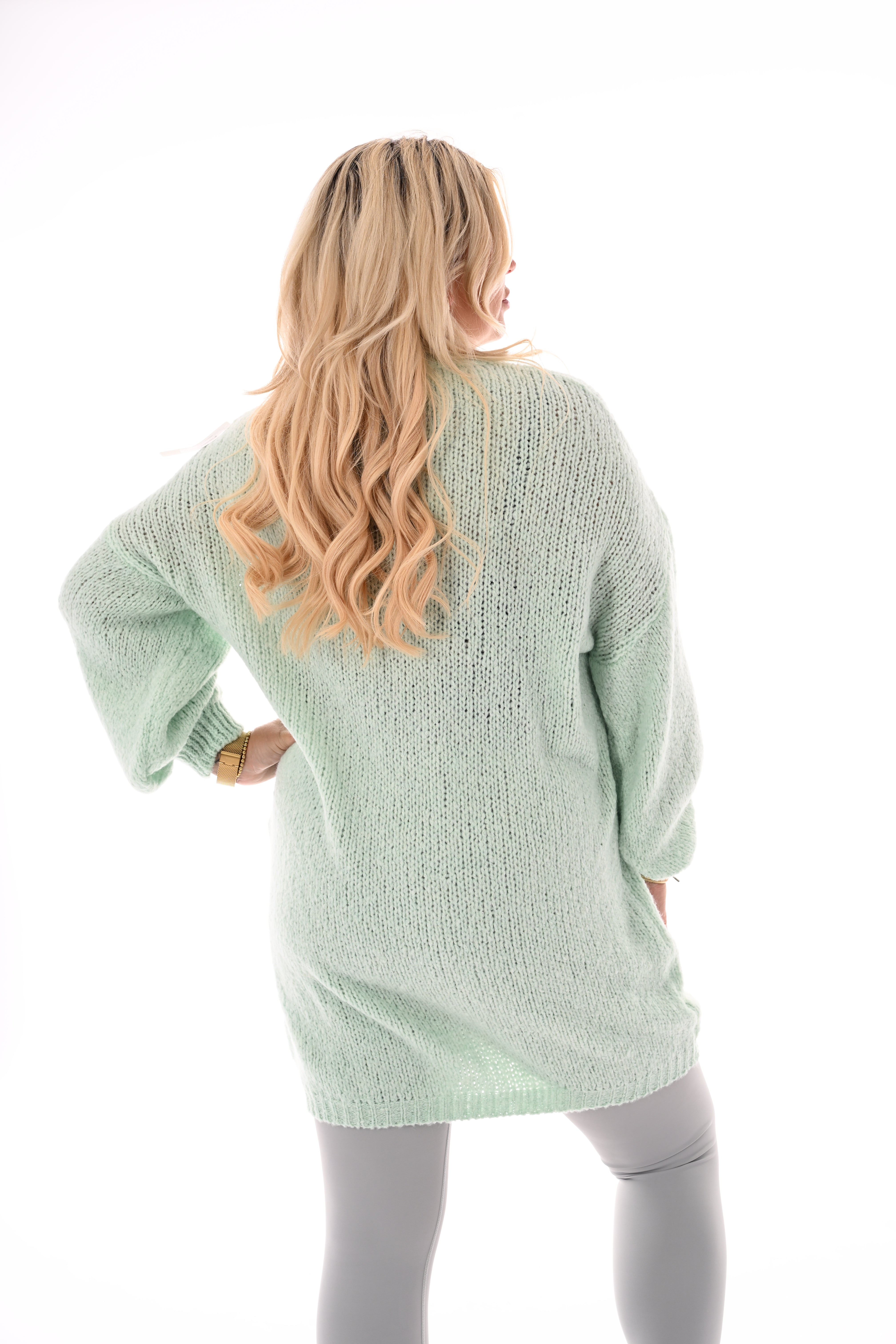 Lange gebreide trui pofmouwen mintgroen