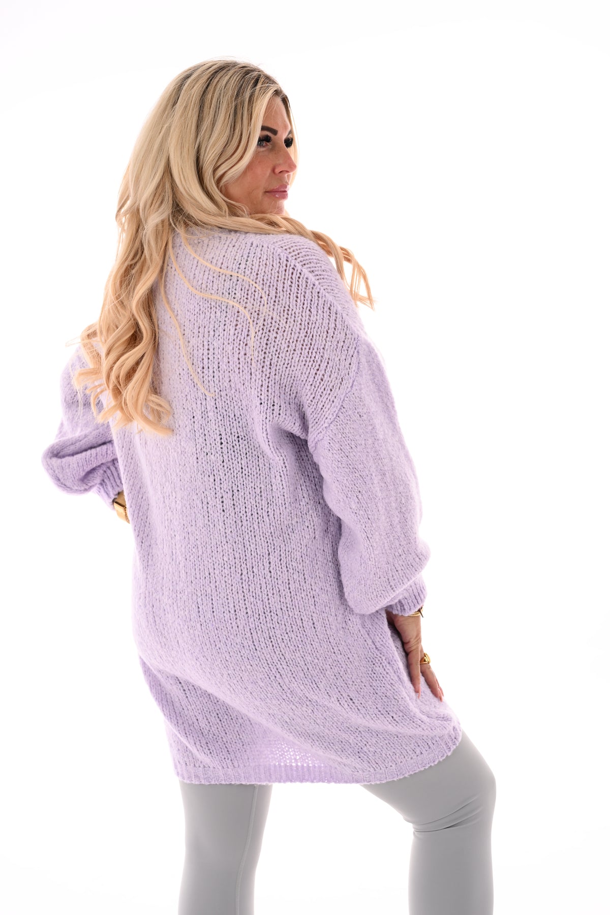 Lange gebreide trui pofmouwen lila