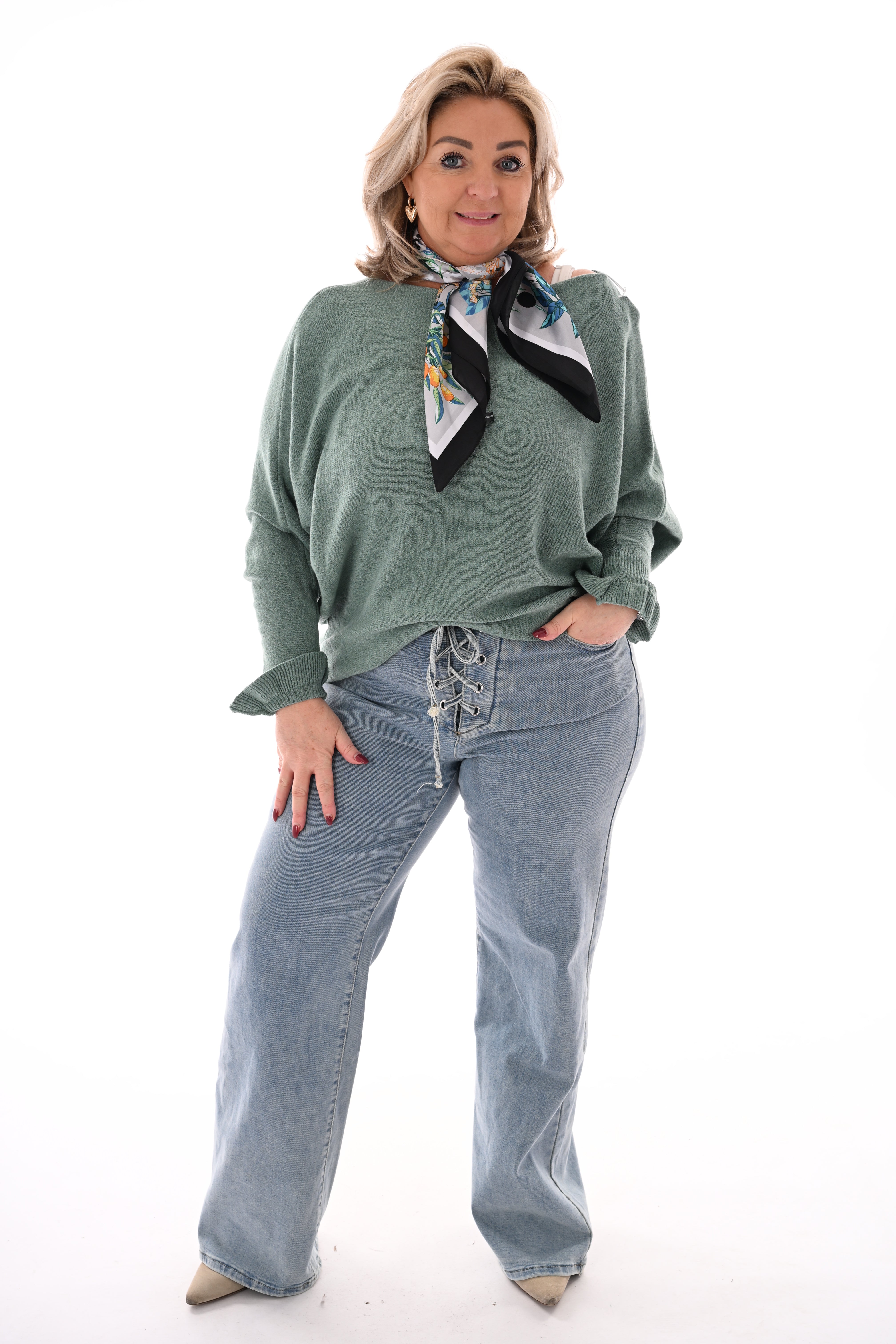 Vleermuis trui roezelmouwen zeegroen