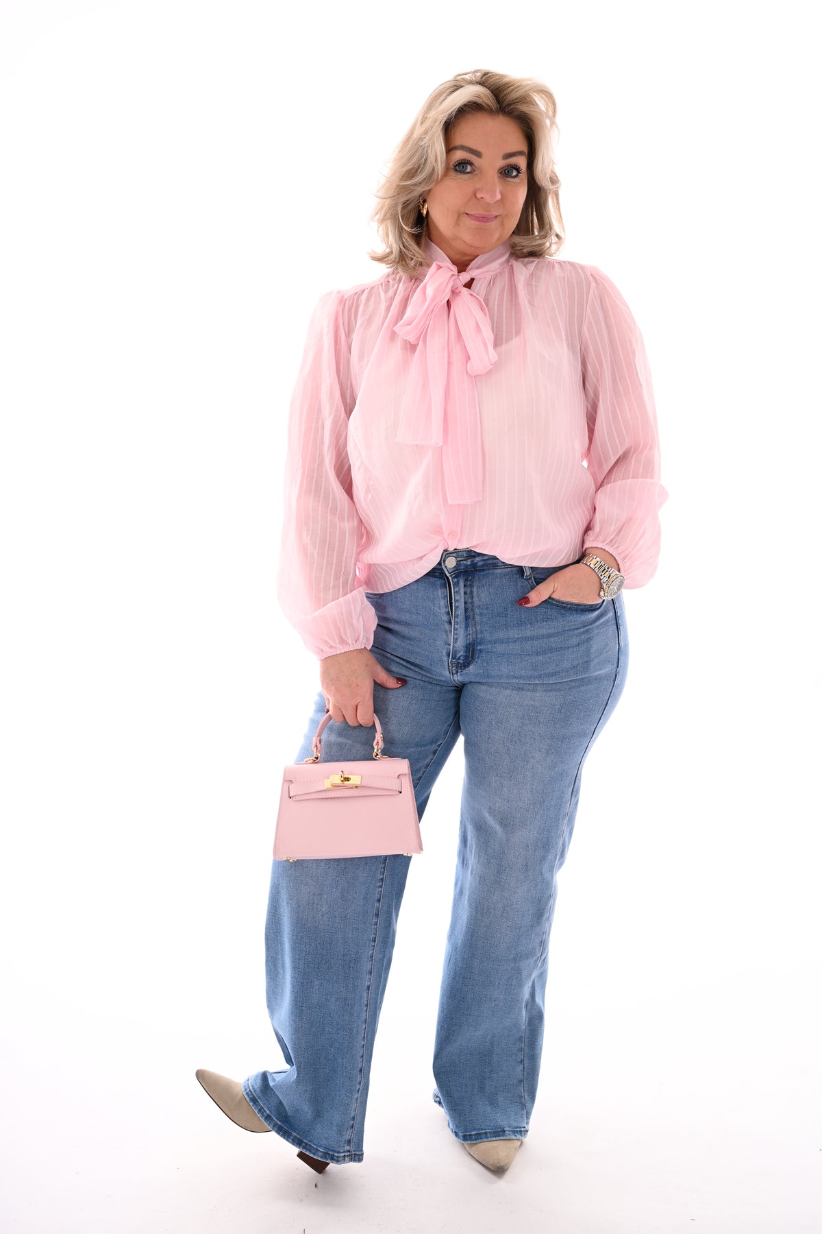 Blouse streepjes met strik lichtroze