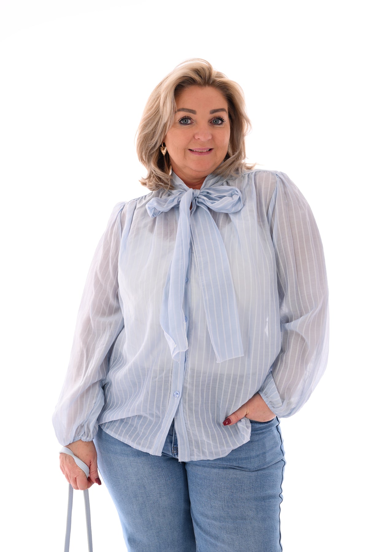 Blouse streepjes met strik lichtblauw