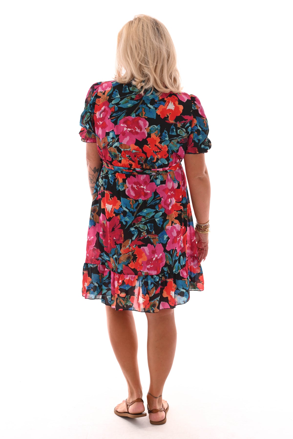 Korte jurk geplooide mouwen print gebloemd fuchsia/zwart