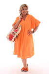 Jurk v-hals roezelmouwen uni peach