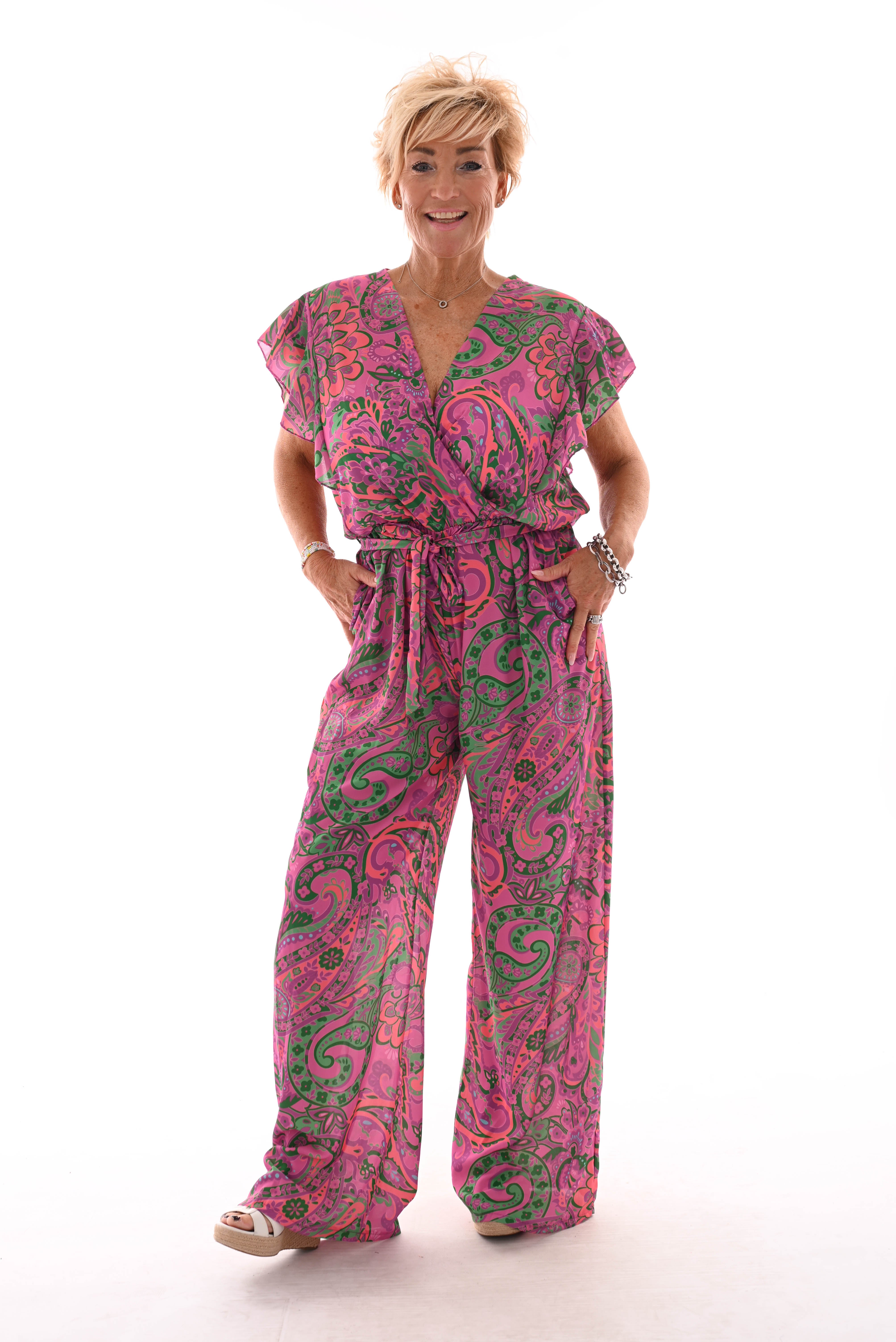 Jumpsuit korte roezel mouwen print paisley paars/groen