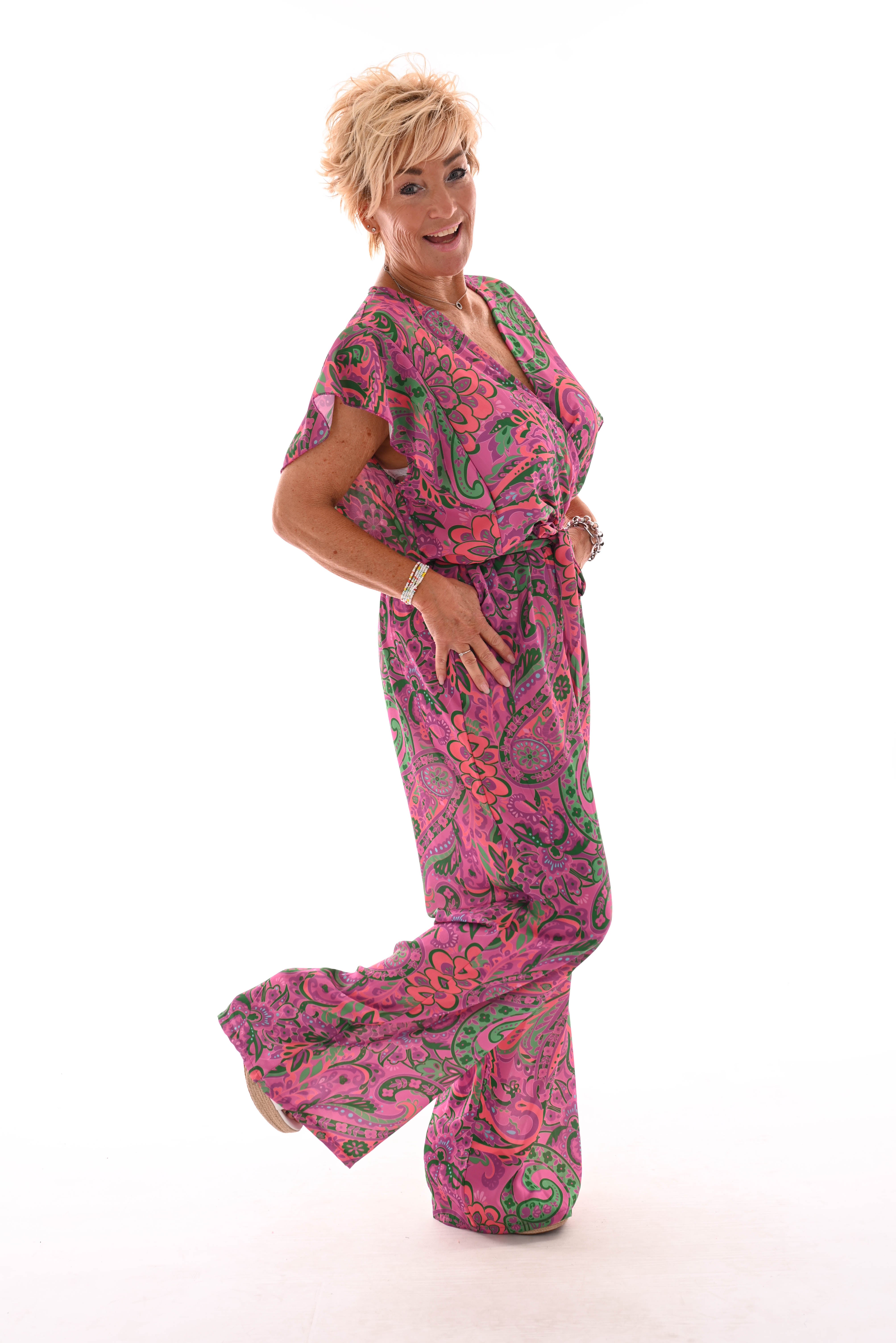 Jumpsuit korte roezel mouwen print paisley paars/groen