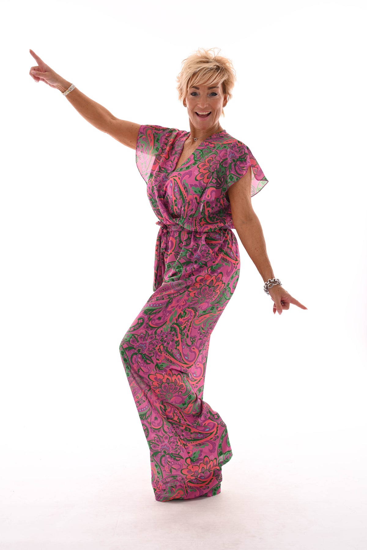 Jumpsuit korte roezel mouwen print paisley paars/groen