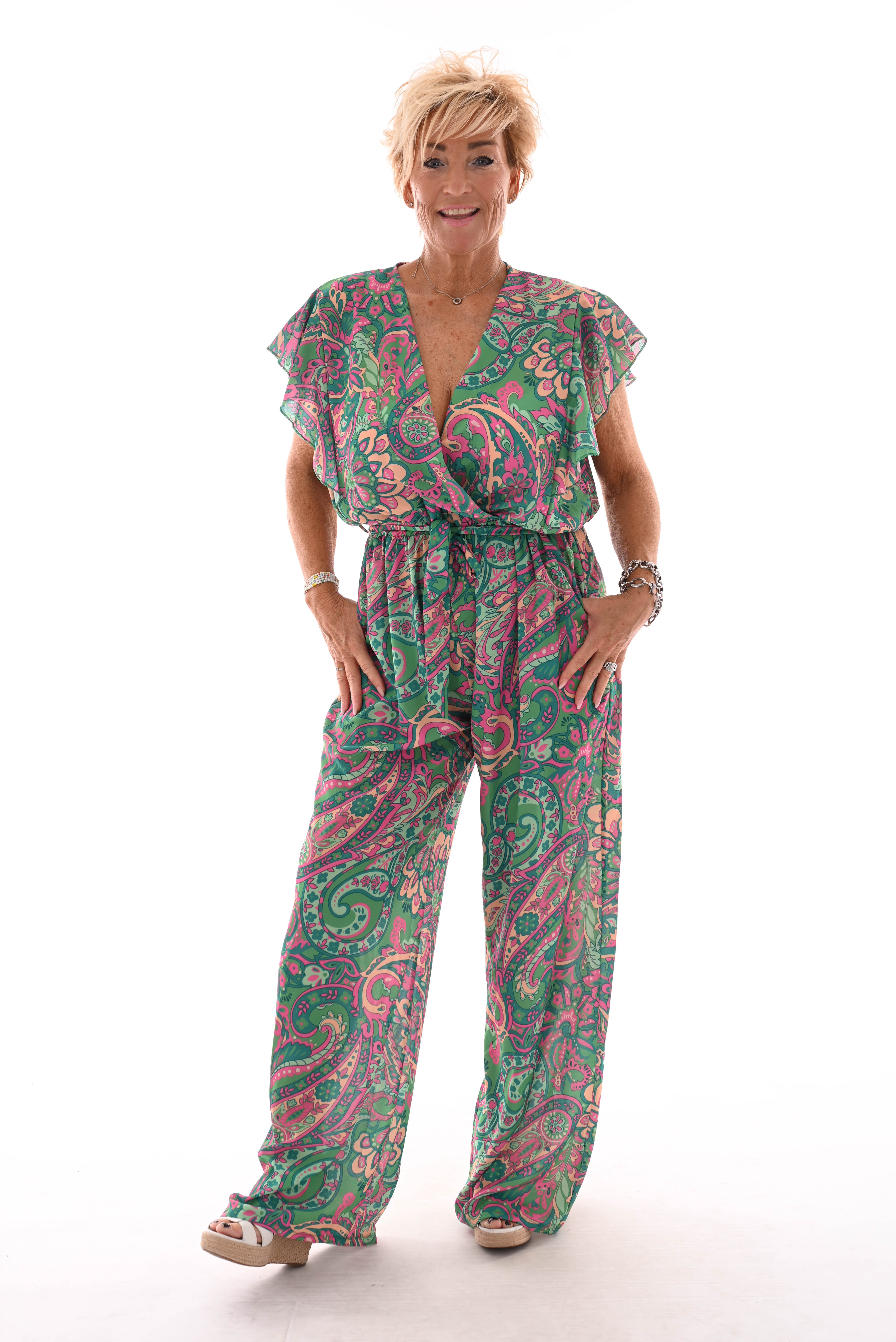 Jumpsuit korte roezel mouwen print paisley groen/fuchsia