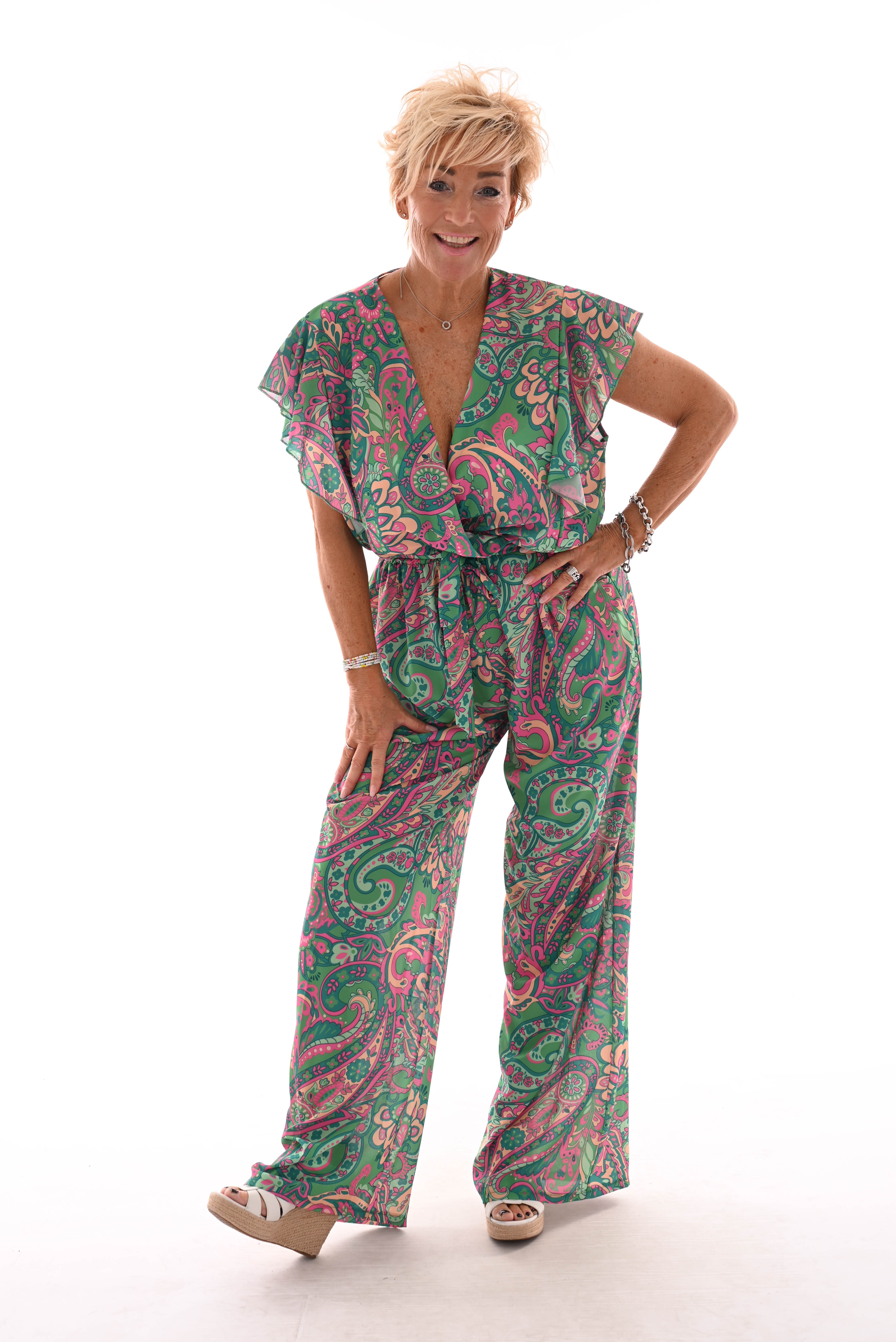 Jumpsuit korte roezel mouwen print paisley groen/fuchsia