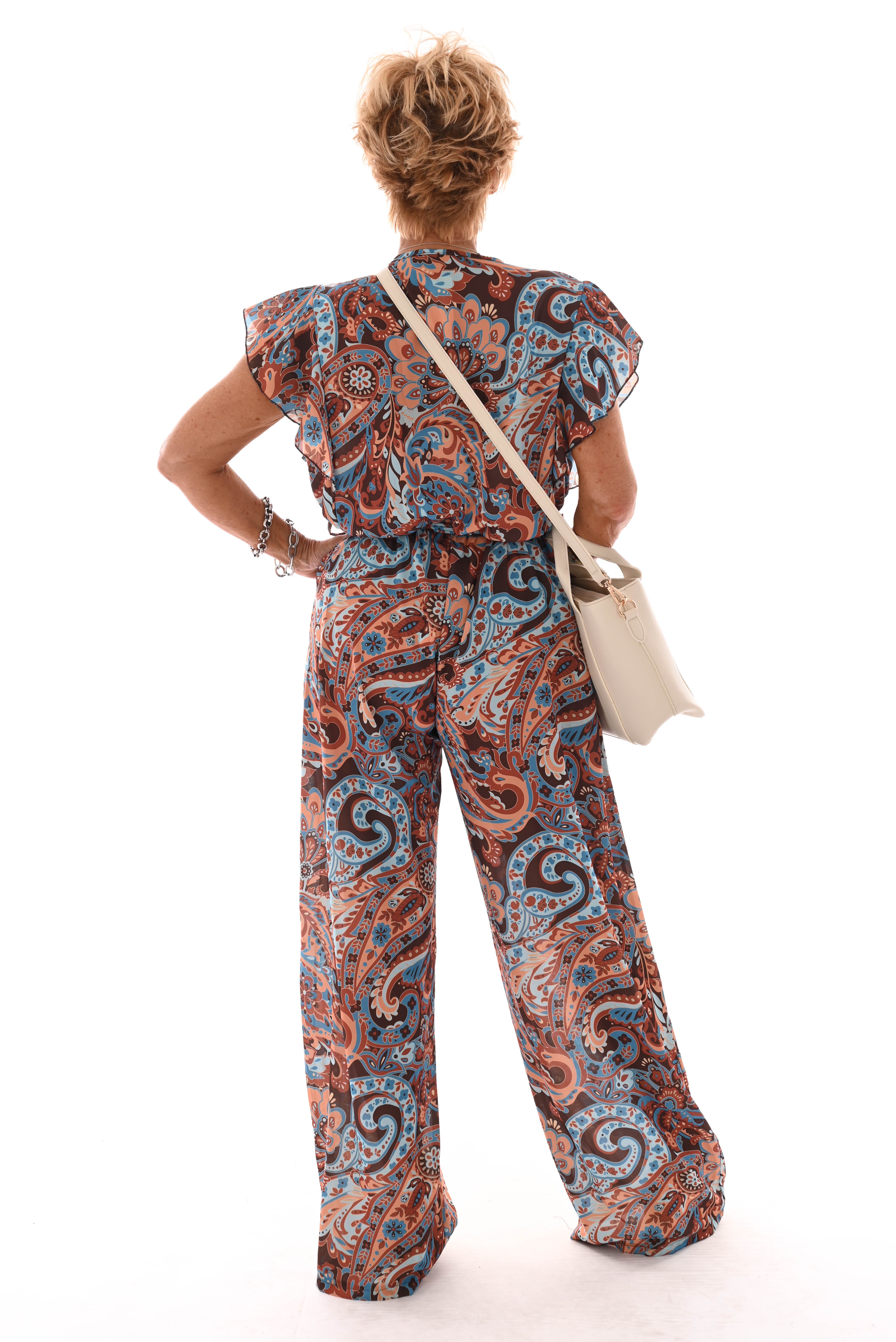 Jumpsuit korte roezel mouwen print paisley bruin/blauw