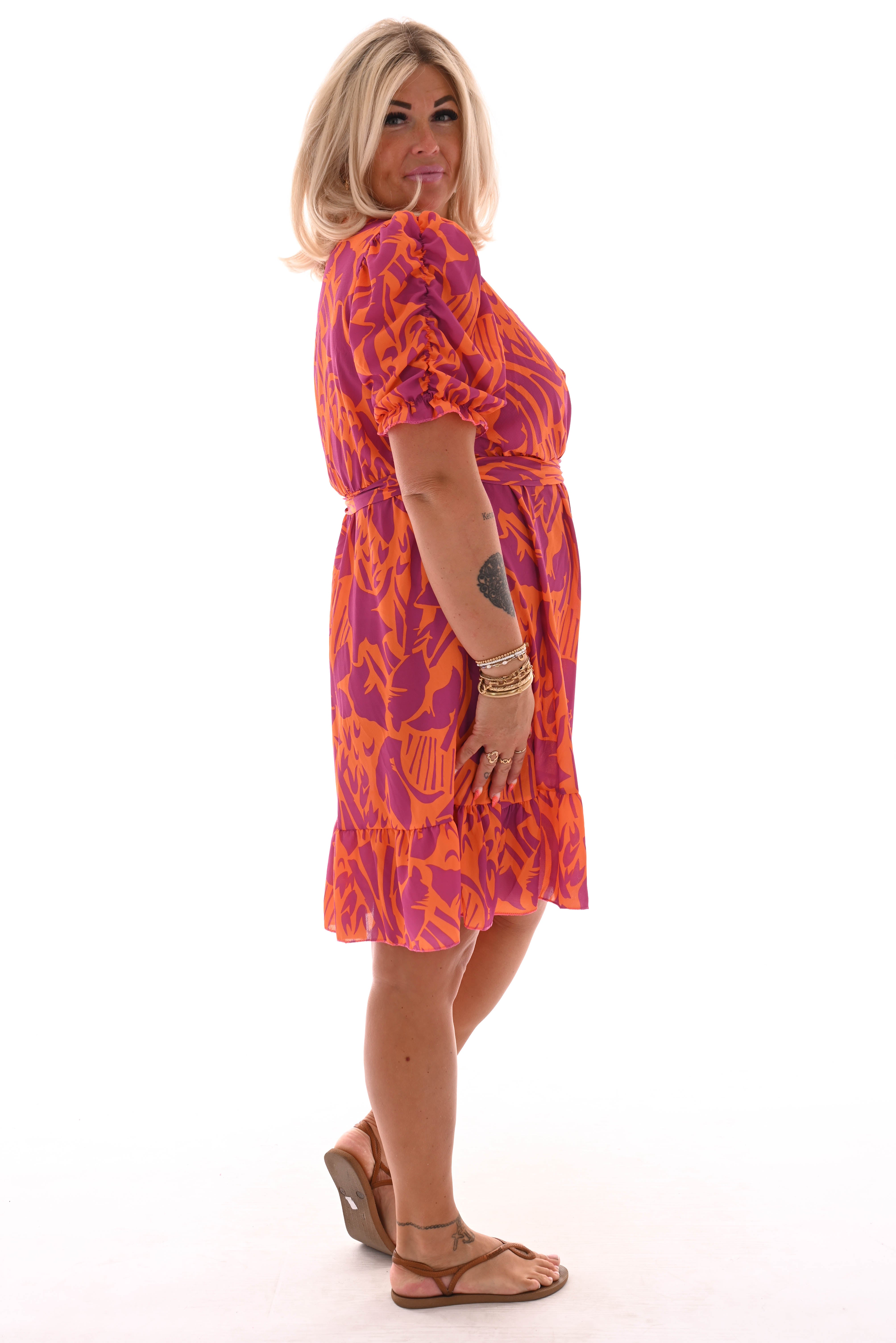 Korte jurk geplooide mouwen print bamboo oranje/paars