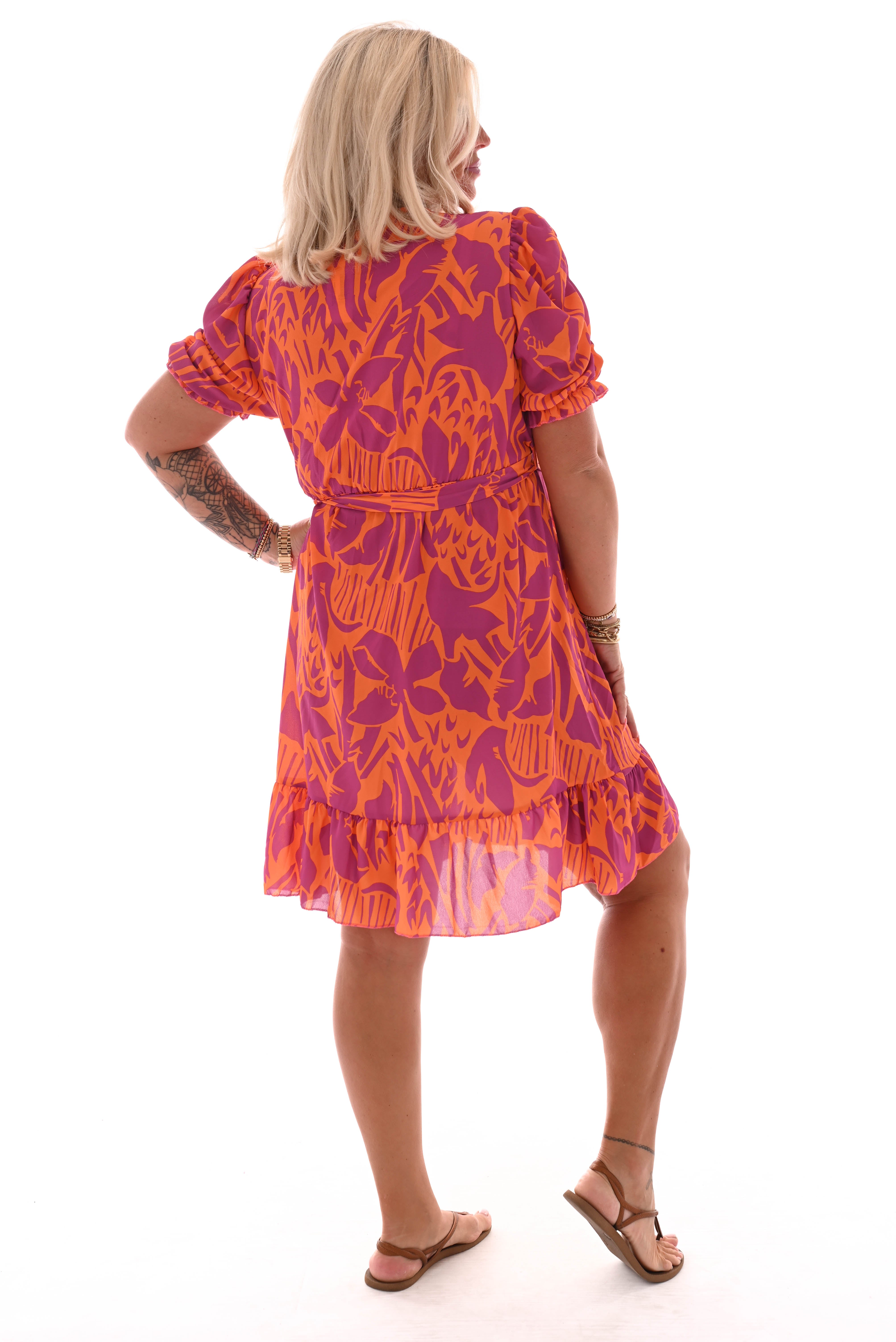 Korte jurk geplooide mouwen print bamboo oranje/paars