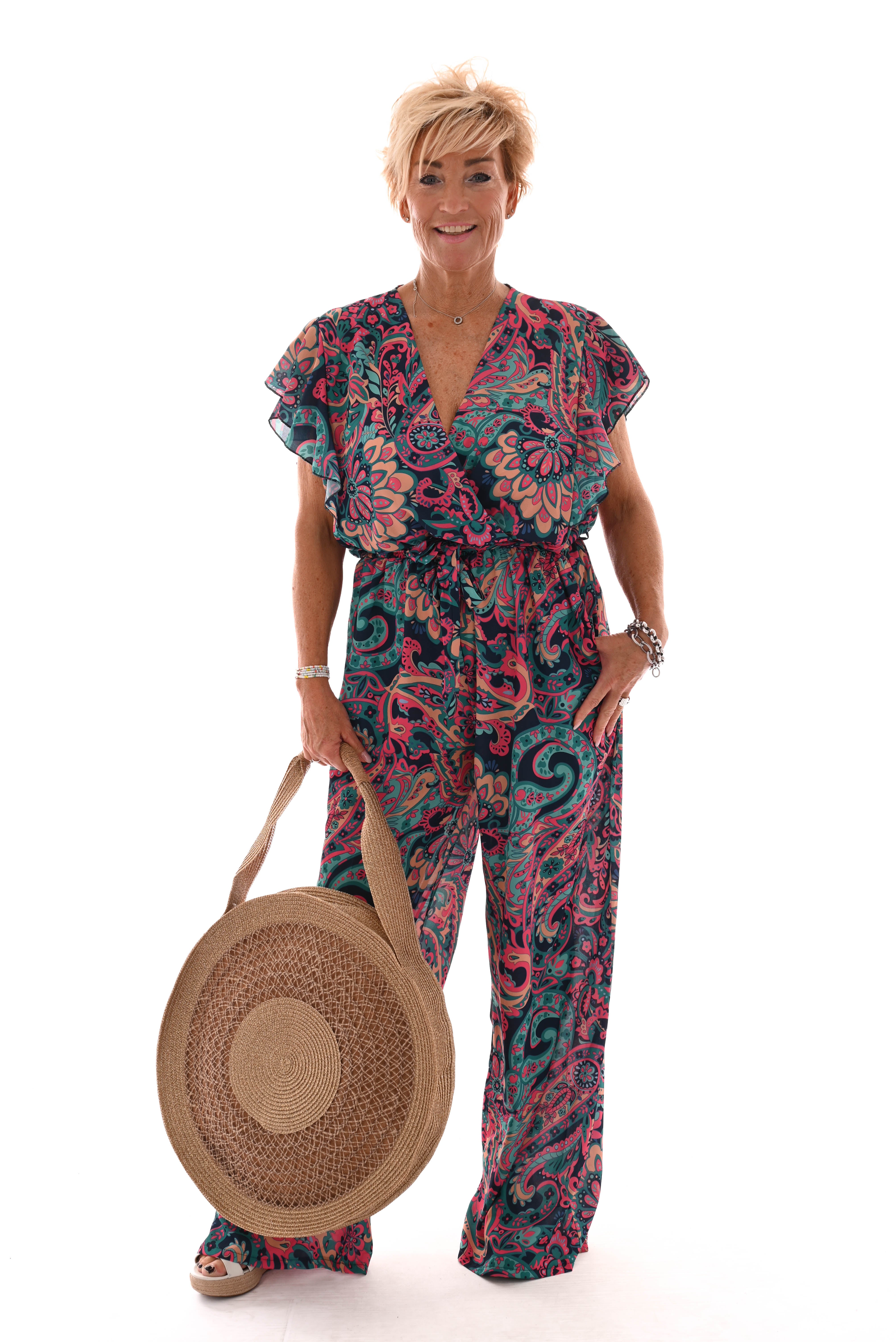 Jumpsuit korte roezel mouwen print paisley petrol/marineblauw
