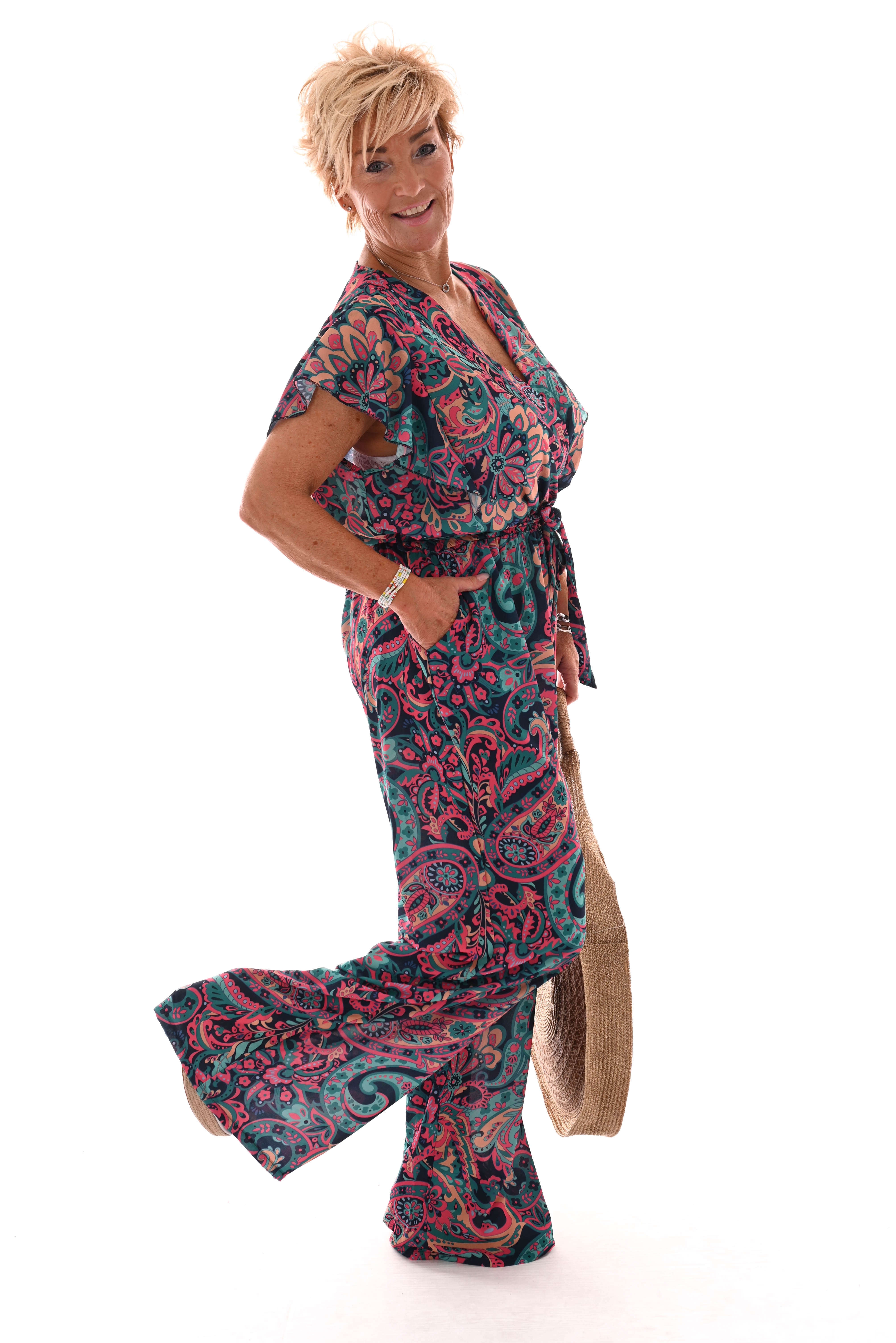 Jumpsuit korte roezel mouwen print paisley petrol/marineblauw