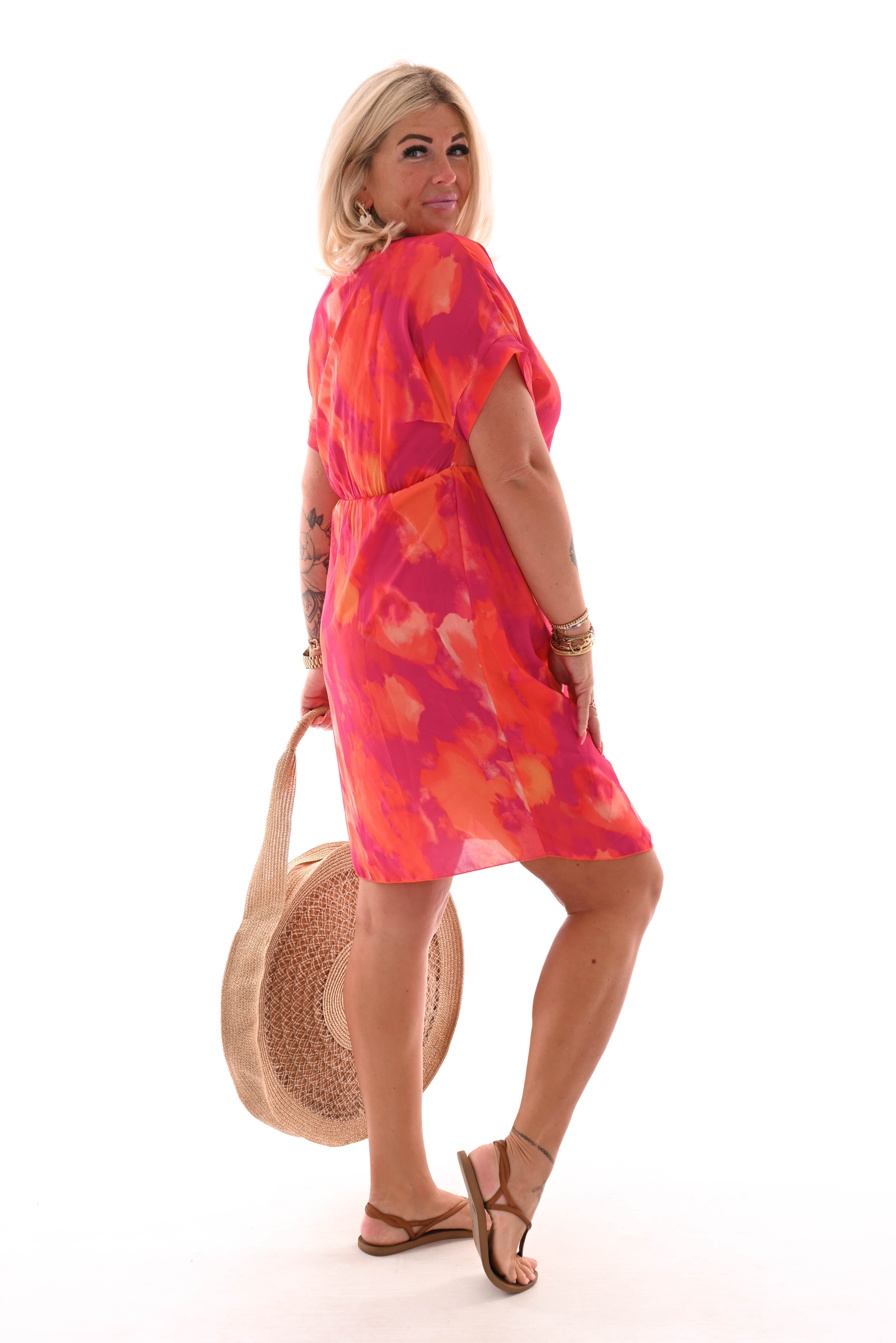 Korte overslag jurk print gevlekt fuchsia/paars