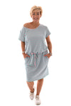 Sweaterdress gestreept met strik en zakken turquoise/roze