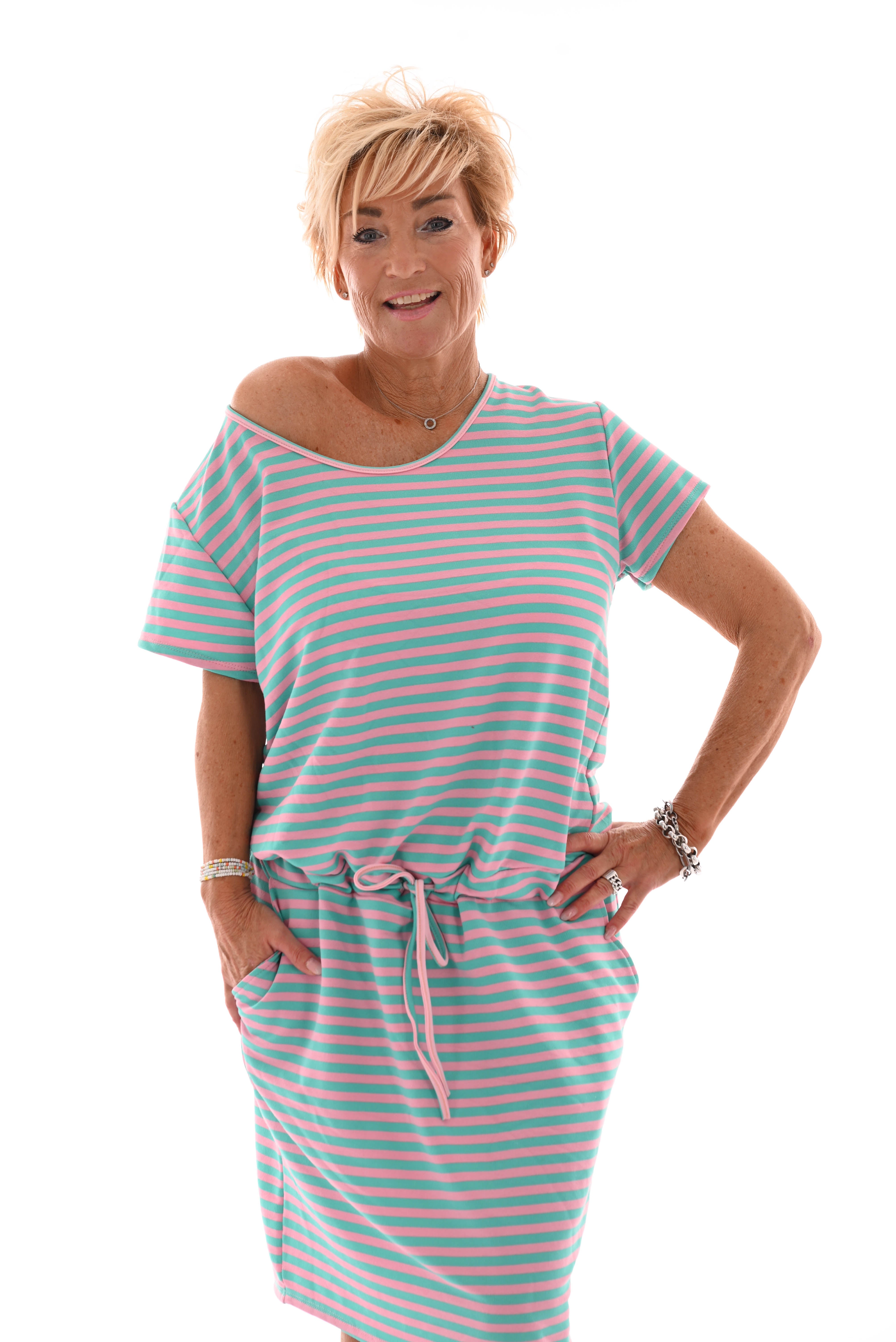 Sweaterdress gestreept met strik en zakken turquoise/roze