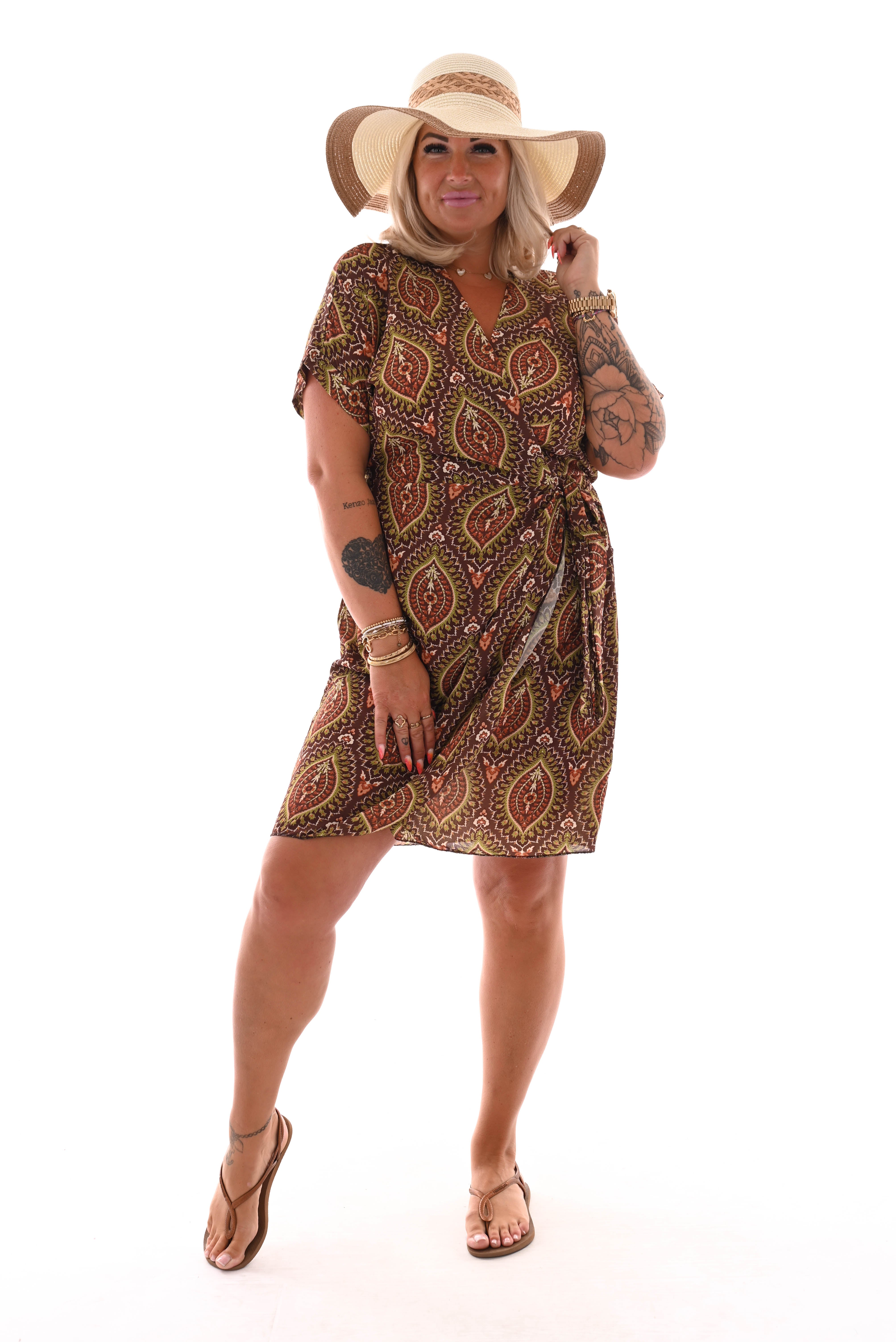 Korte overslag jurk print paisley bruin/groen