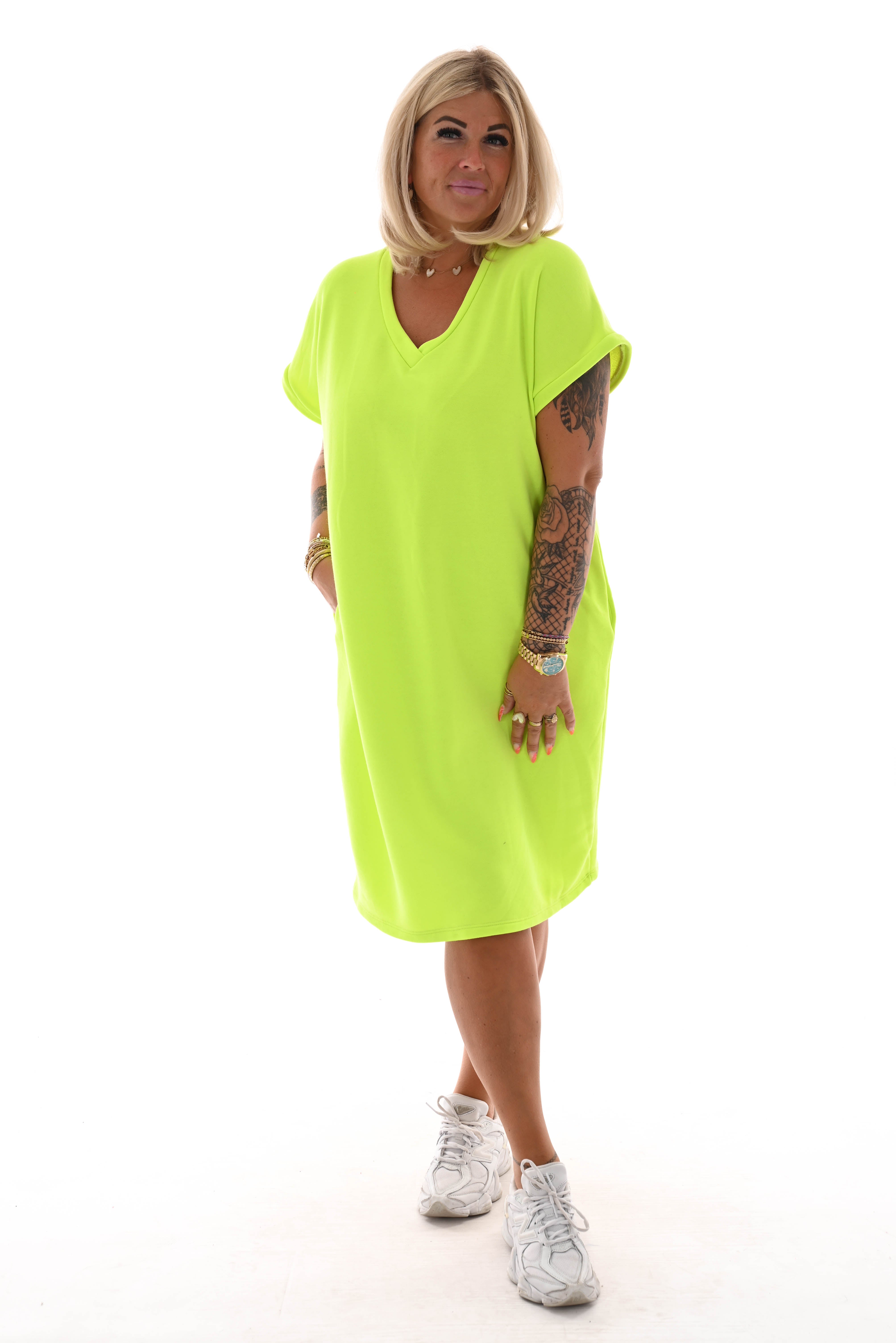 Sweaterdress v-hals korte mouwen zakken neongeel