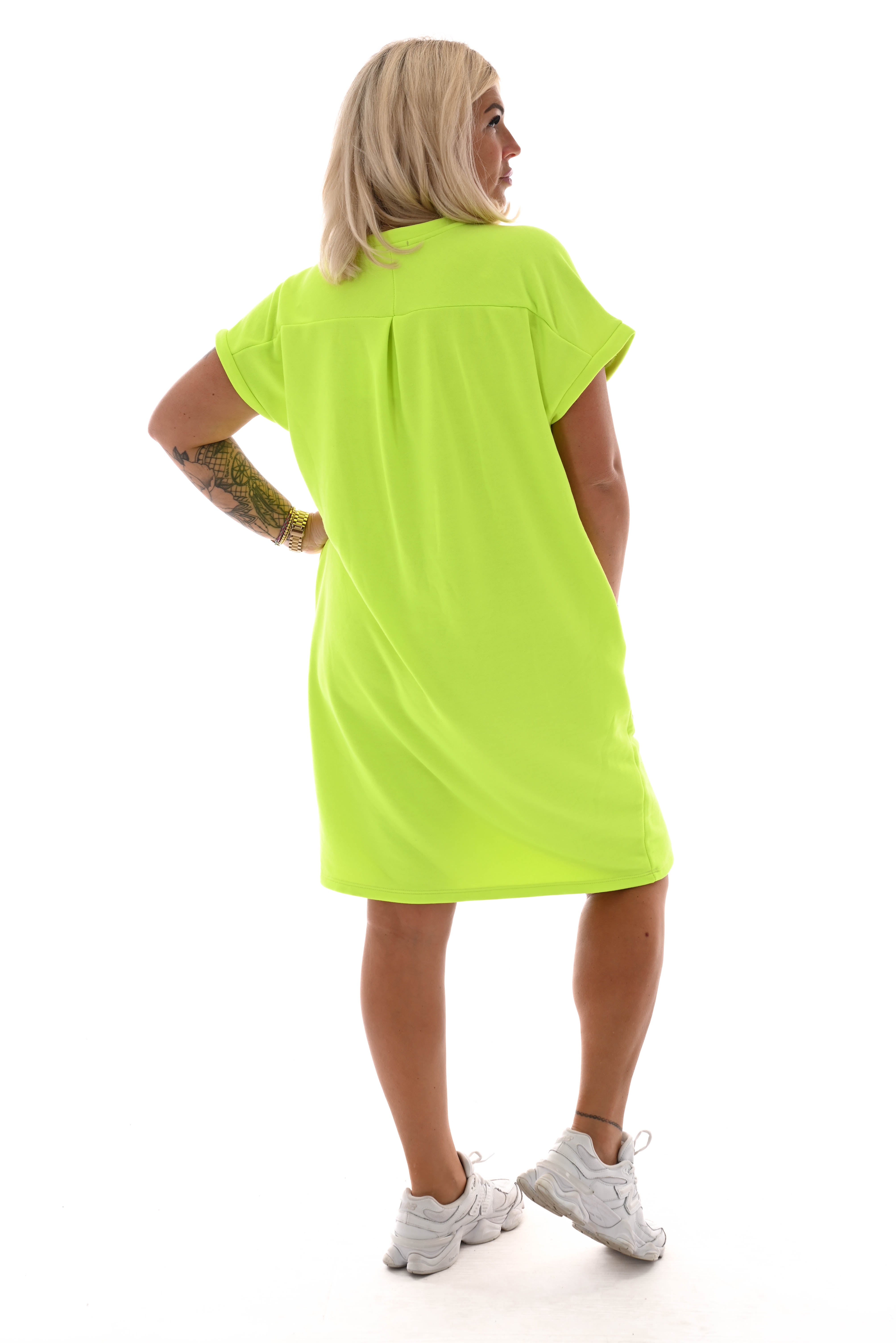 Sweaterdress v-hals korte mouwen zakken neongeel