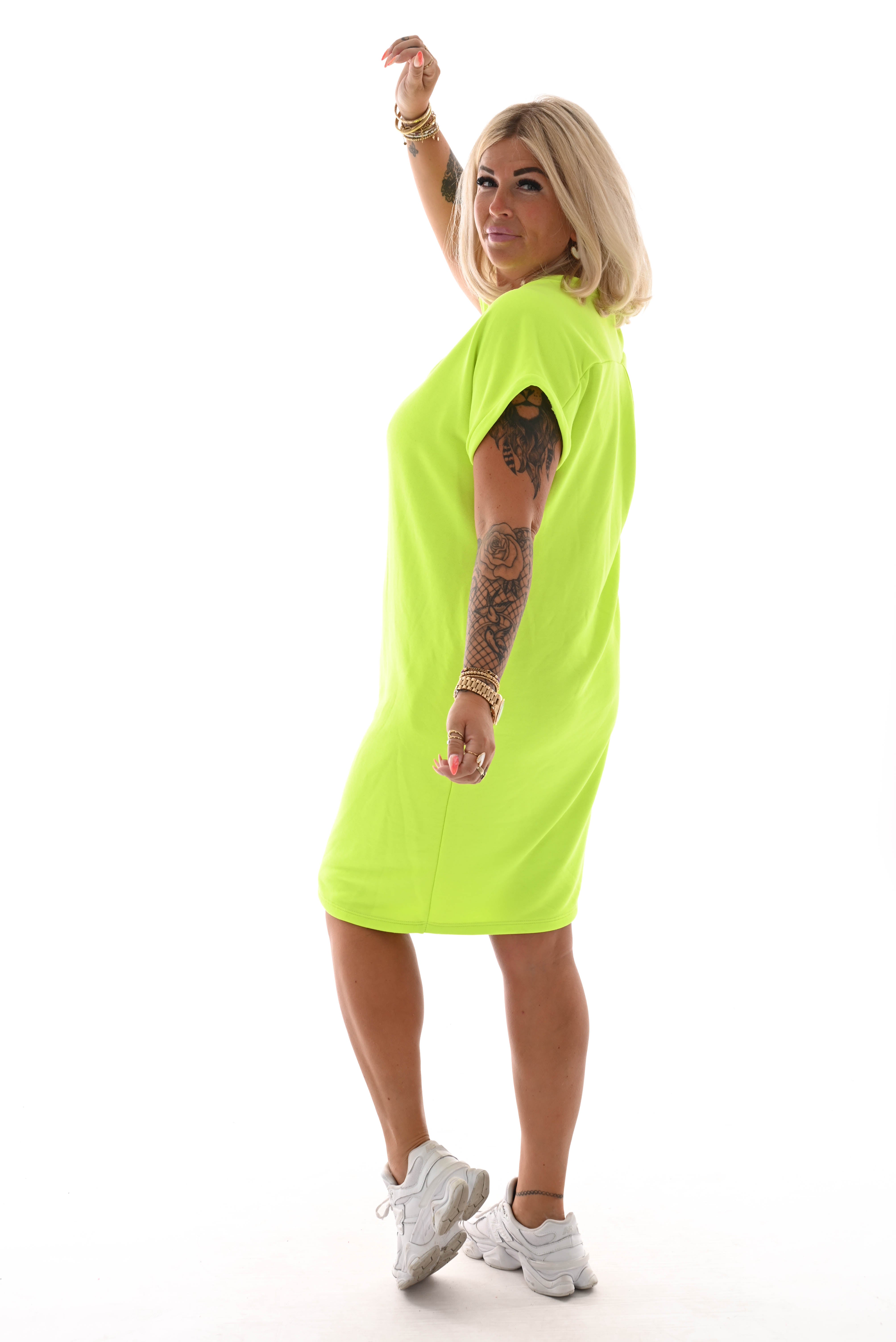 Sweaterdress v-hals korte mouwen zakken neongeel