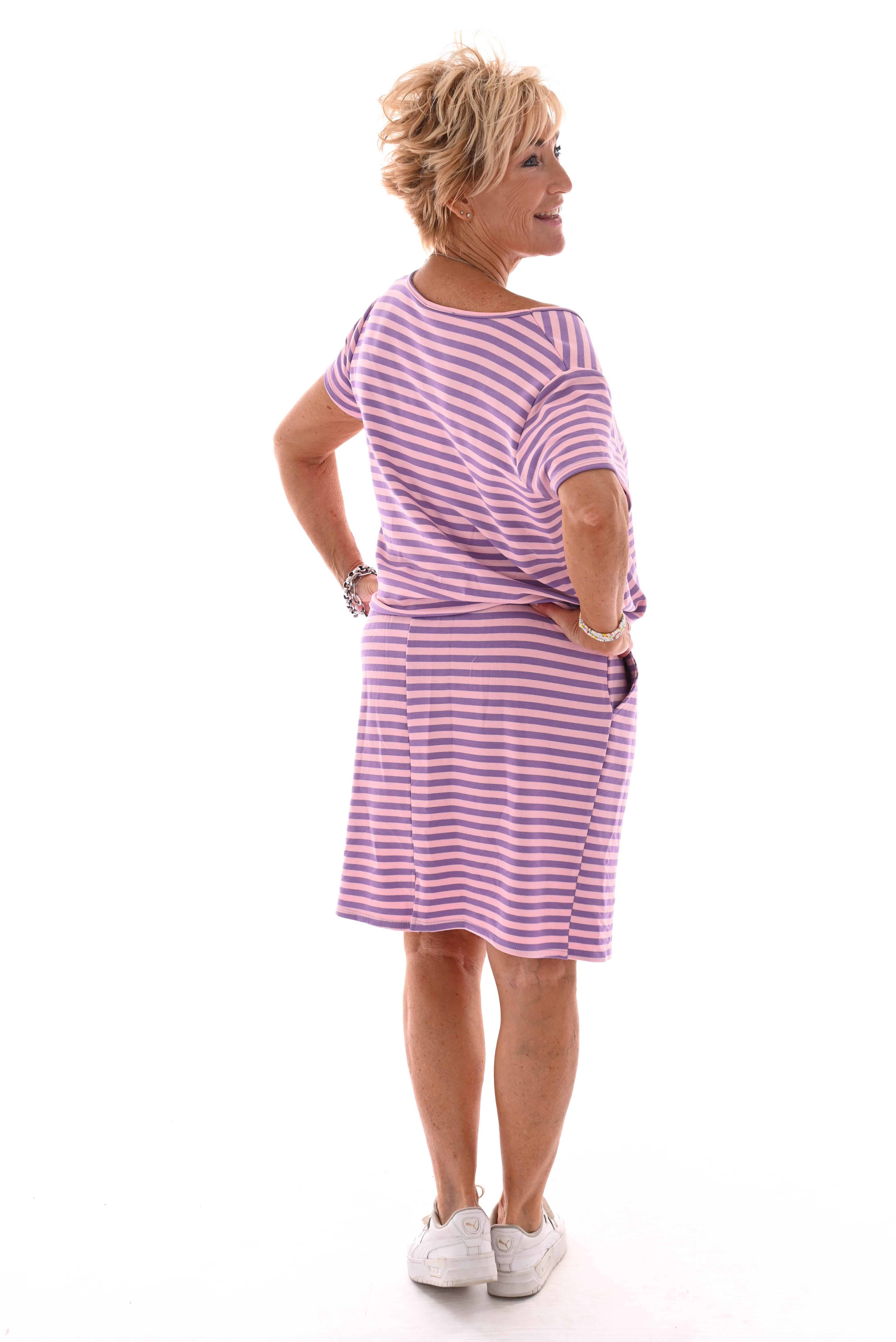 Sweaterdress gestreept met strik en zakken roze/lila