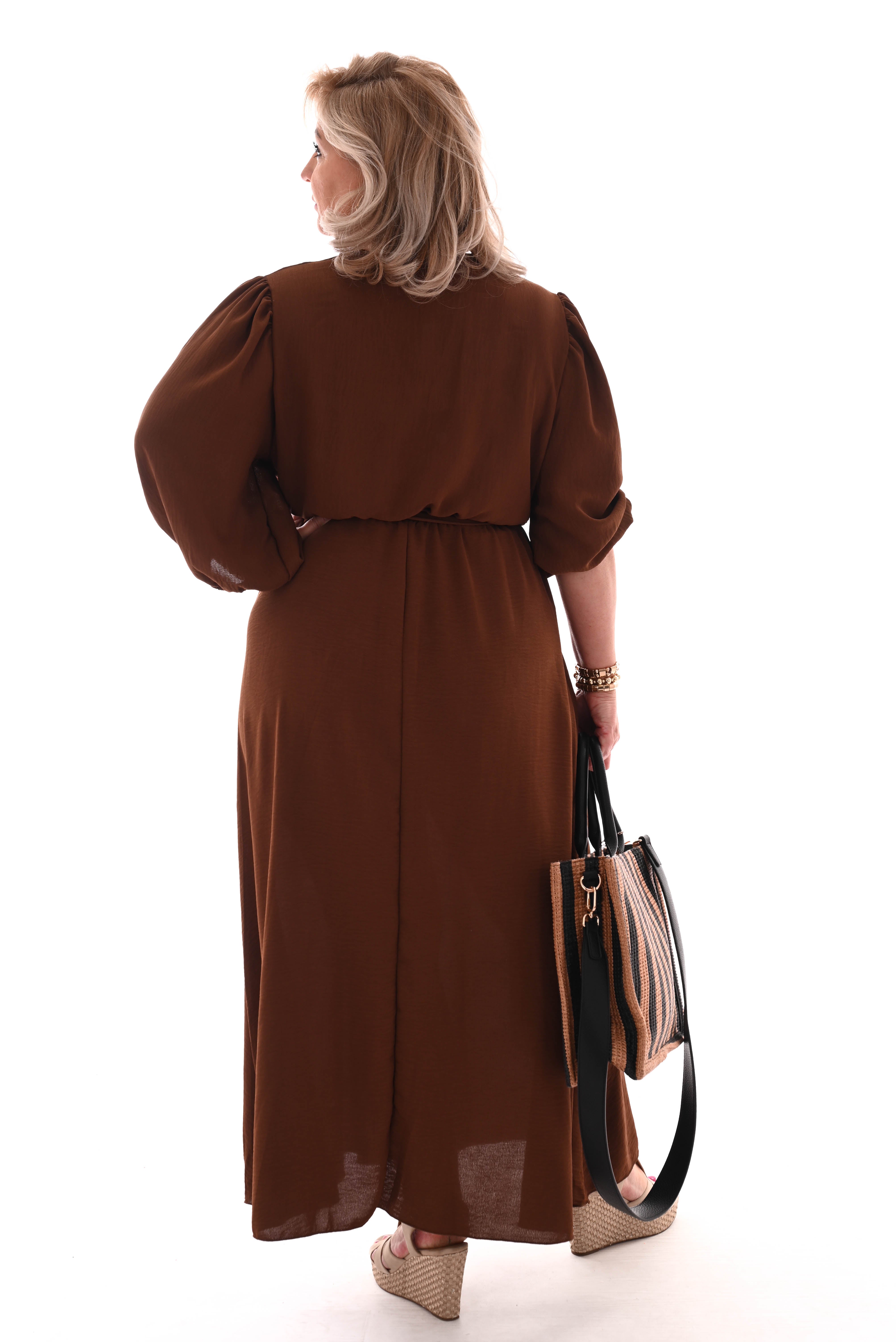 Lange jurk v-hals pofmouwen uni bruin