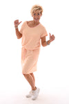 Sweaterdress gestreept met strik en zakken roze/geel