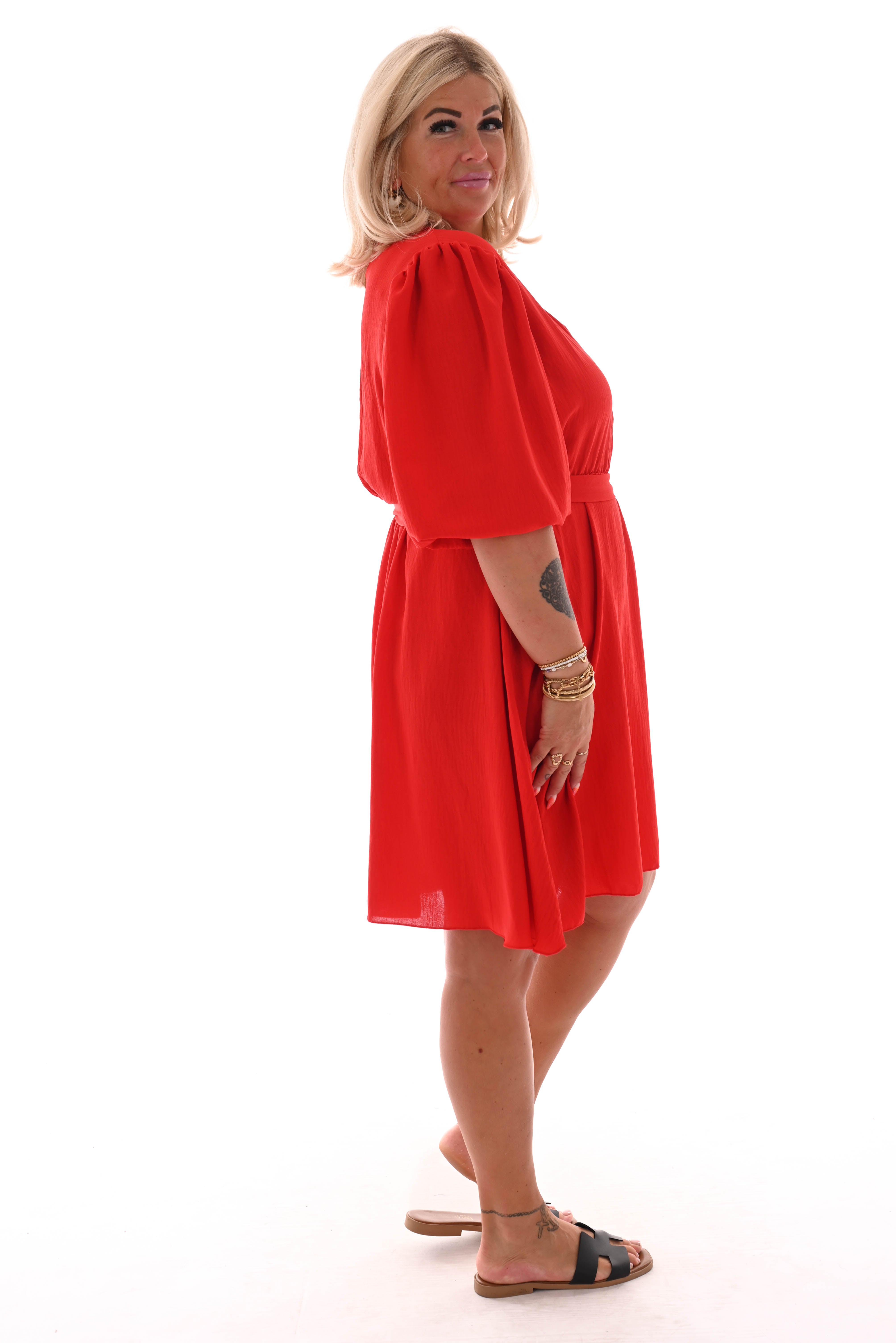 Korte jurk v-hals pofmouwen uni rood