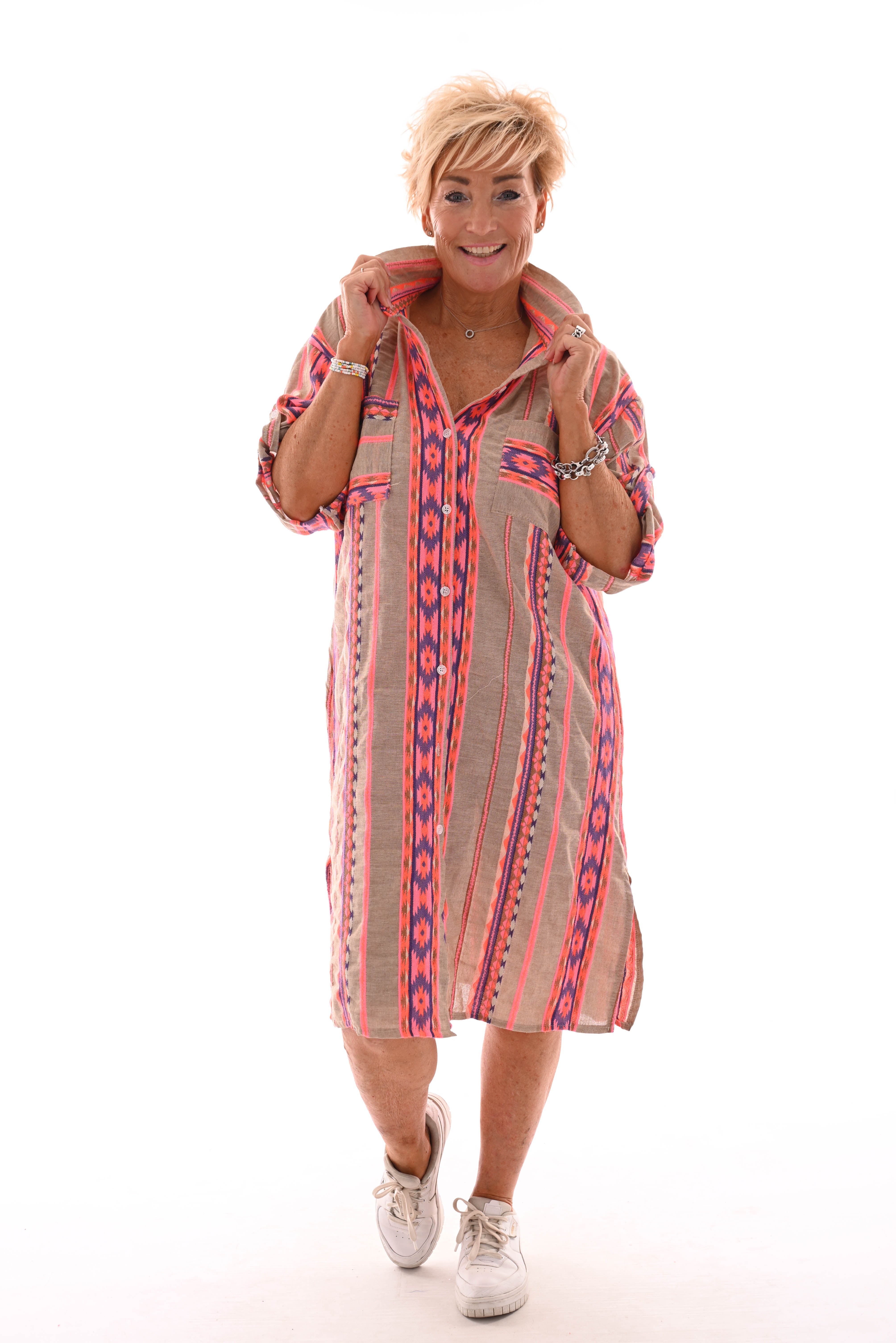 Doorknoop jurk Aztec taupe/felroze