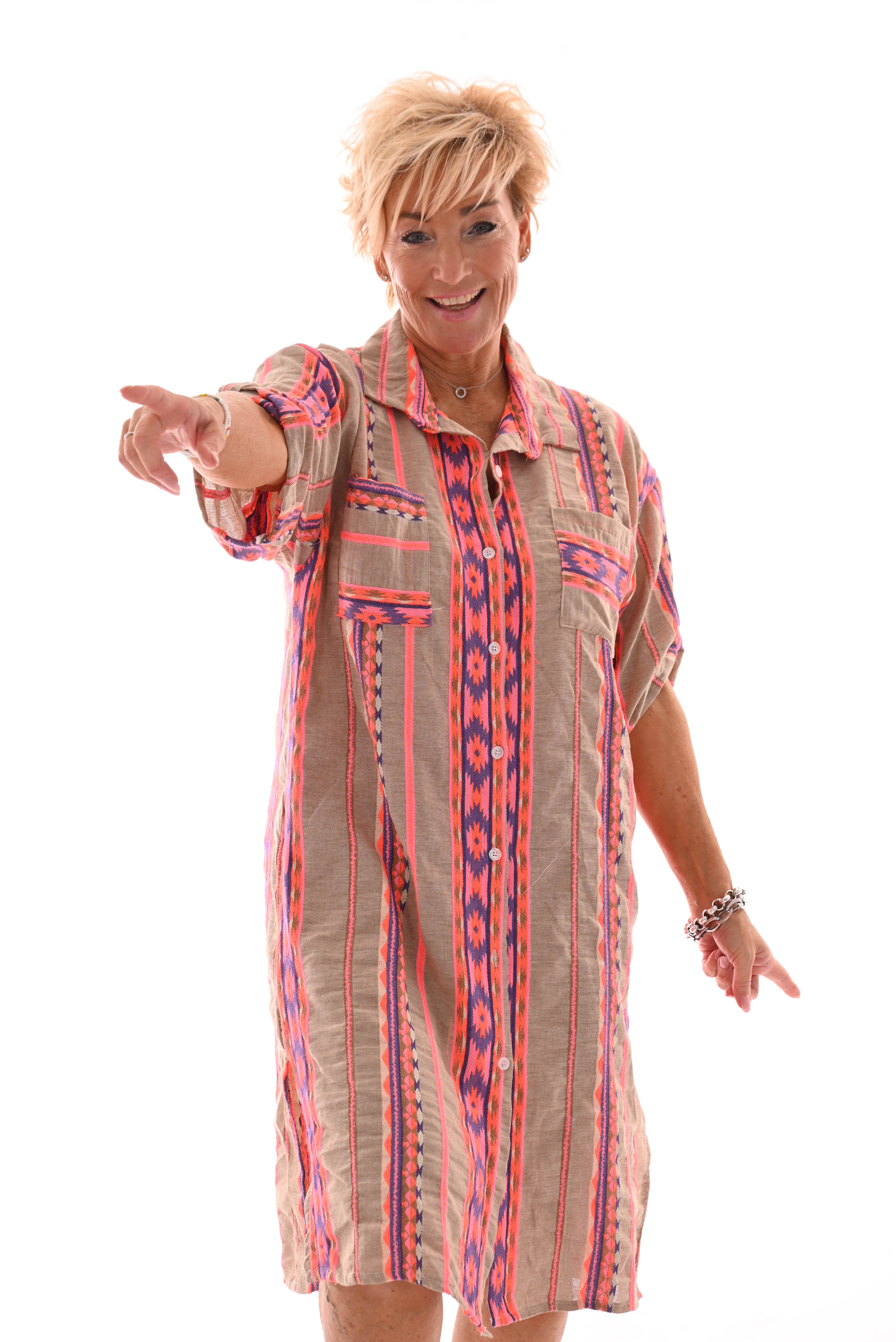 Doorknoop jurk Aztec taupe/felroze