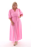 Lange jurk v-hals pofmouwen uni roze