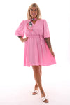 Korte jurk v-hals pofmouwen uni roze