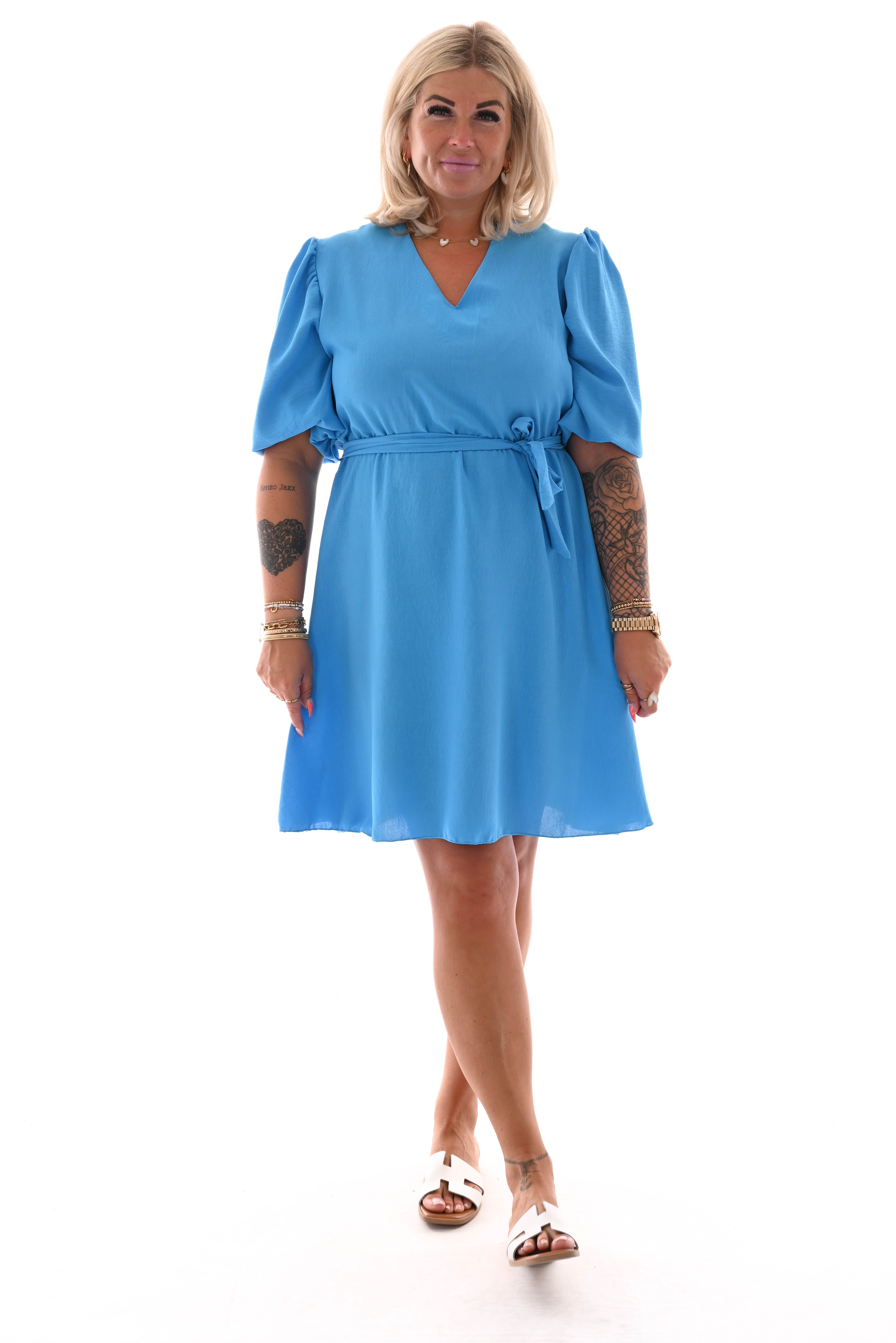 Korte jurk v-hals pofmouwen uni blauw