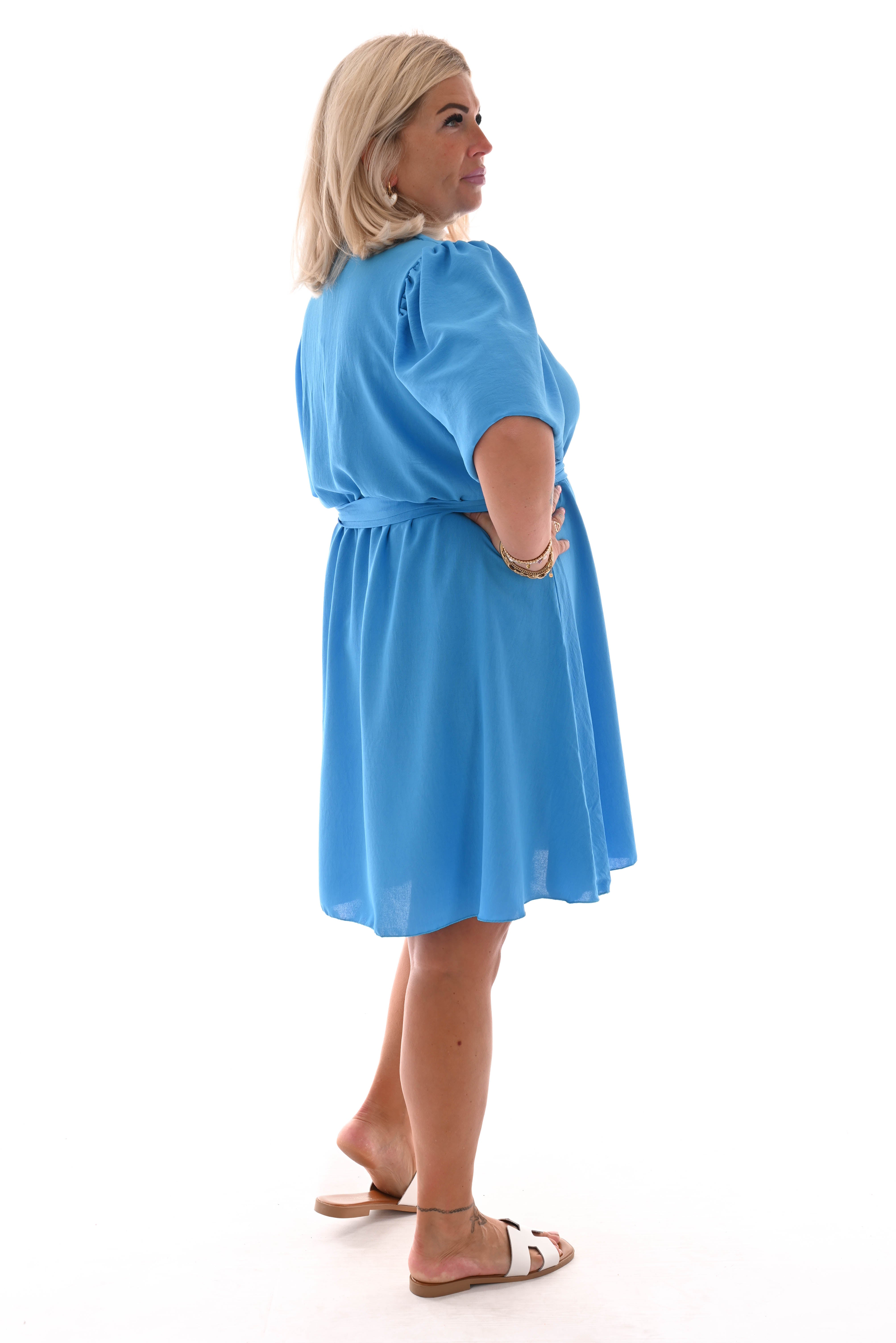 Korte jurk v-hals pofmouwen uni blauw